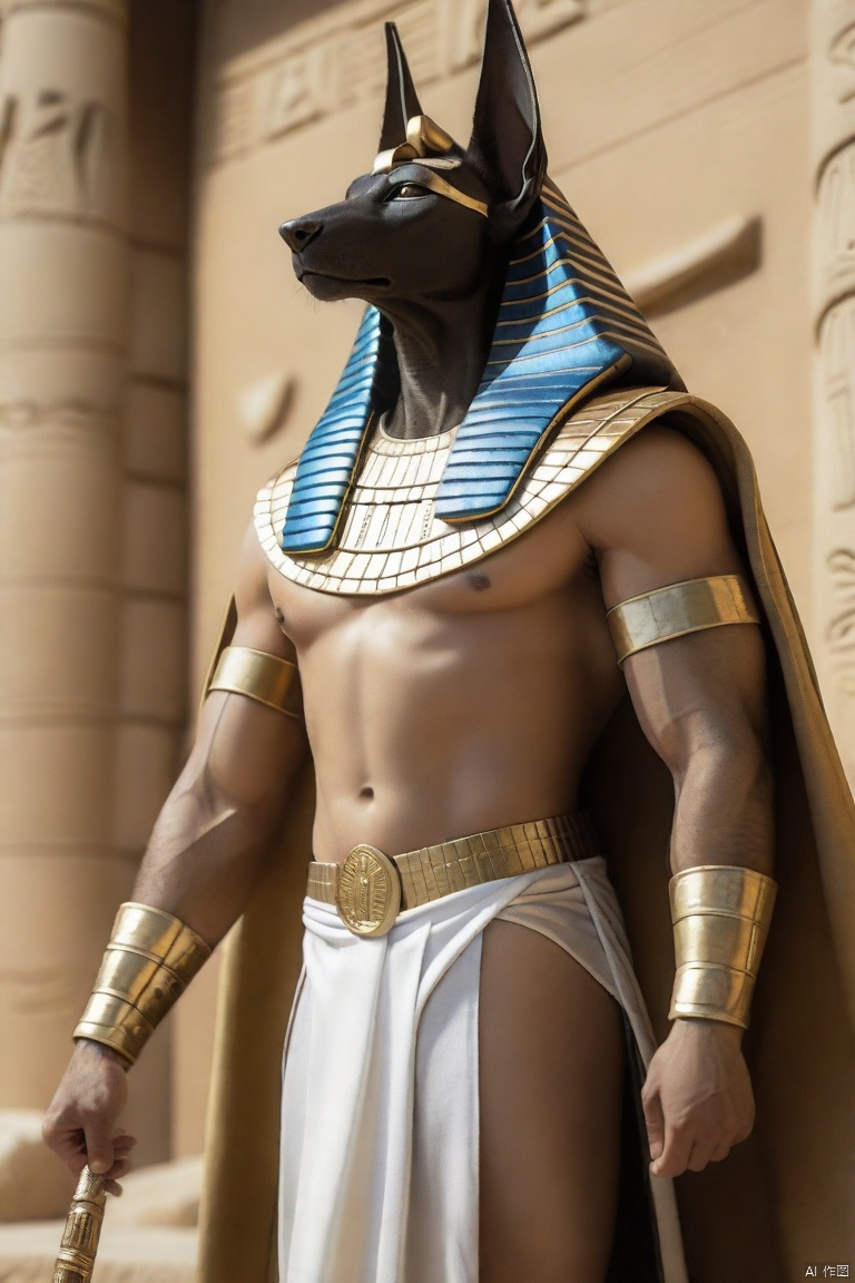  anubishishen\(ip\), male focus, abs, muscular, 1boy, furry, muscular male, pectorals, solo, bara, furry male, large pectorals, nipples, staff, egyptian, feet out of frame, egyptian clothes, cape, animal ears,,<lora:660447824183329044:1.0>