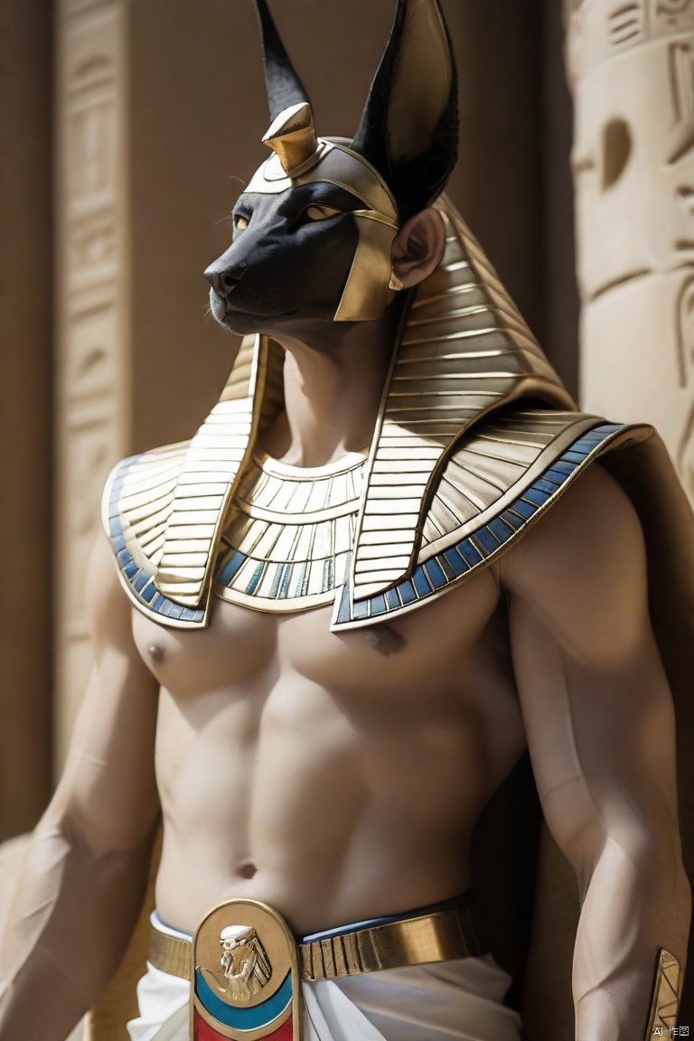  anubishishen\(ip\), male focus, abs, muscular, 1boy, furry, muscular male, pectorals, solo, bara, furry male, large pectorals, nipples, staff, egyptian, feet out of frame, egyptian clothes, cape, animal ears,,<lora:660447824183329044:1.0>