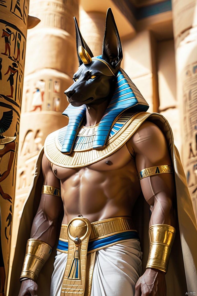  anubishishen\(ip\), male focus, abs, muscular, 1boy, furry, muscular male, pectorals, solo, bara, furry male, large pectorals, nipples, staff, egyptian, feet out of frame, egyptian clothes, cape, animal ears,