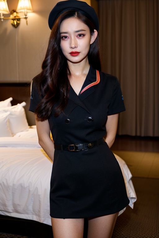 PHOTOREALISTIC REALISTIC,masterpiece,best quality,highres,ultra detailed,8k,1woman,cowboy shot,arms behind back,strobe lighting,stewardess outfit,stewardess hat,crying,teers,makeup,lipstick,hotel room, <lora:mengziyi_alexnsfw5.0:0.6>