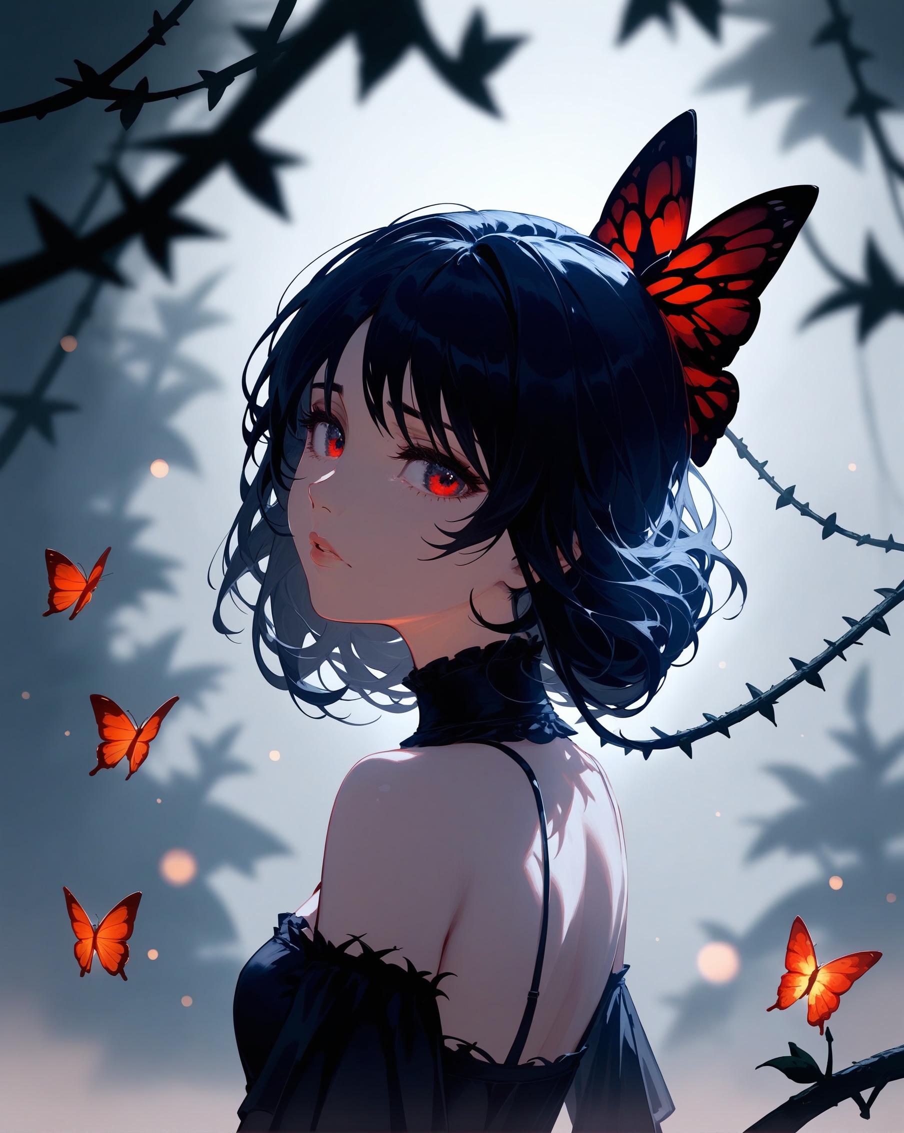 (score_9,score_8_up,score_7_up),year 2023,1girl,solo,red and black theme,strong picture,dark,upper body,side_face,sad,parted_lips,looking back,floating hair,black dress,bare shoulders,{{{delicate and beautiful eye}}},gothic_lolita,black rose,thistles and thorns,flora,fog,red butterfly,underlighting,bokeh,blurry background,strong visual impact,film lighting,from side,