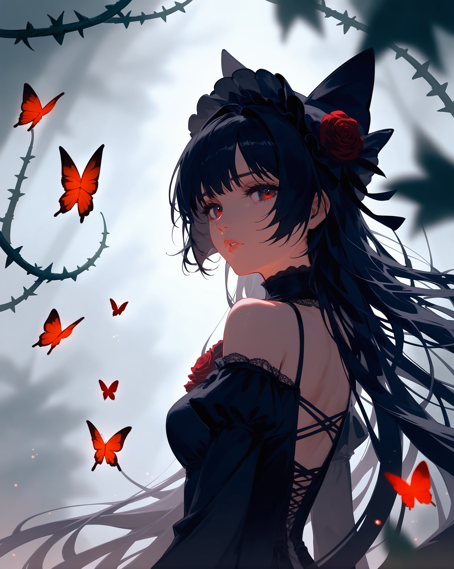 (score_9,score_8_up,score_7_up),year 2023,1girl,solo, red and black theme,strong picture, dark,upper body, side_face, sad, parted_lips, looking back,floating hair, black dress, bare shoulders,{{{delicate and beautiful eye}}}, gothic_lolita, black rose, thistles and thorns, flora,fog, red butterfly, underlighting, bokeh, blurry background, strong visual impact, film lighting, from side,