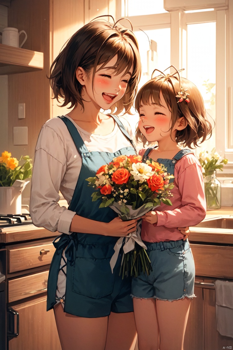  mother and daughter, multiple girls, 2girls, flower, closed eyes, smile, open mouth, bouquet, brown hair, blush, indoors, shirt, holding, :d, kitchen, short hair, hair ornament, collarbone, bangs, shorts, holding bouquet, ^_^, sunlight, teeth, apron, child, female child, window, upper teeth only, antenna hair, long sleeves, standing