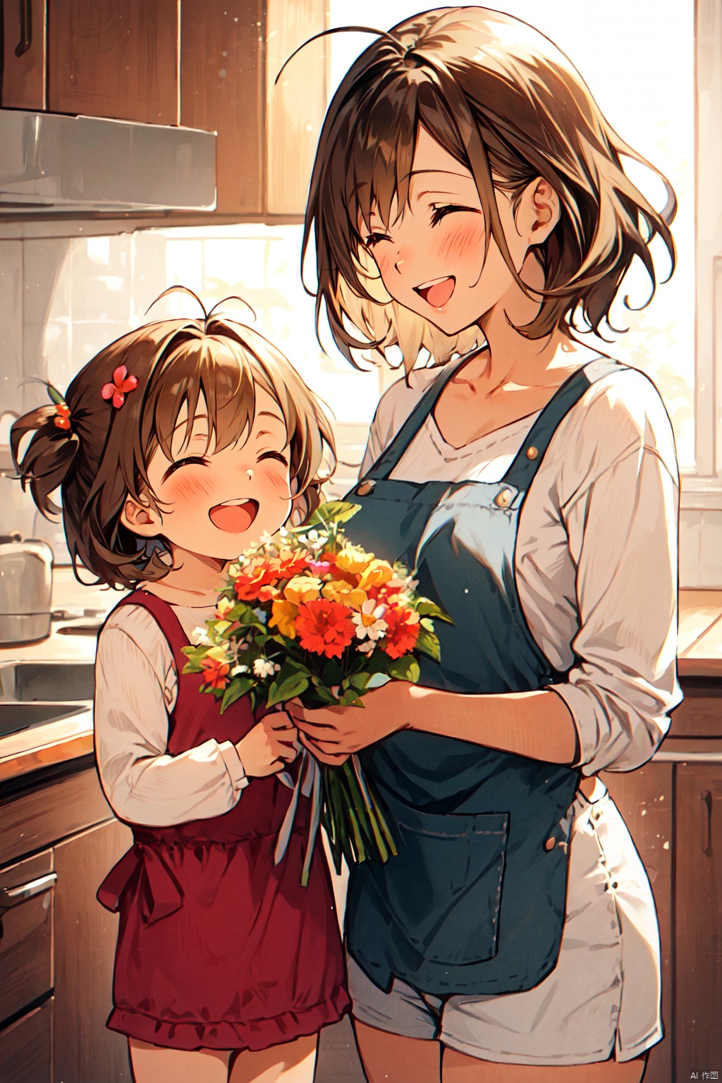  mother and daughter, multiple girls, 2girls, flower, closed eyes, smile, open mouth, bouquet, brown hair, blush, indoors, shirt, holding, :d, kitchen, short hair, hair ornament, collarbone, bangs, shorts, holding bouquet, ^_^, sunlight, teeth, apron, child, female child, window, upper teeth only, antenna hair, long sleeves, standing