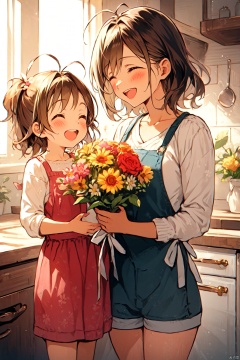  mother and daughter, multiple girls, 2girls, flower, closed eyes, smile, open mouth, bouquet, brown hair, blush, indoors, shirt, holding, :d, kitchen, short hair, hair ornament, collarbone, bangs, shorts, holding bouquet, ^_^, sunlight, teeth, apron, child, female child, window, upper teeth only, antenna hair, long sleeves, standing