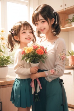  multiple girls, 2girls, long hair,smile, flower, floral print, bouquet, blush, brown hair, indoors, holding, red flower, holding bouquet, bangs, skirt, dress, ^_^, sunlight, :d, collarbone, mother and daughter, backlighting, shirt, ribbon, long sleeves, standing, rose, yellow flower, happy, black ribbon, black skirt, hair ribbon, red rose, child, age difference, teeth, jewelry, twintails, white dress, upper teeth only, female child, ^o^, potted plant, hug, short hair, window, sleeves past elbows, medium hair, plant, bow, 
