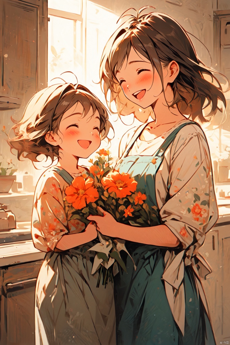  mother and daughter, multiple girls, 2girls, flower, closed eyes, smile, open mouth, bouquet, brown hair, blush, indoors, shirt, holding, :d, kitchen, short hair, hair ornament, collarbone, bangs, shorts, holding bouquet, ^_^, sunlight, teeth, apron, child, female child, window, upper teeth only, antenna hair, long sleeves, standing, (\ji jian\)