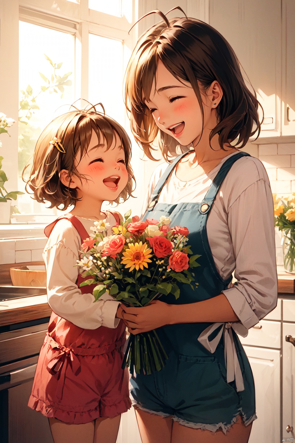  mother and daughter, multiple girls, 2girls, flower, closed eyes, smile, open mouth, bouquet, brown hair, blush, indoors, shirt, holding, :d, kitchen, short hair, hair ornament, collarbone, bangs, shorts, holding bouquet, ^_^, sunlight, teeth, apron, child, female child, window, upper teeth only, antenna hair, long sleeves, standing