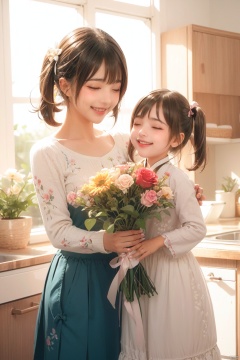  multiple girls, 2girls, smile, flower, closed eyes, open mouth, floral print, bouquet, blush, brown hair, indoors, holding, red flower, holding bouquet, bangs, skirt, dress, ^_^, sunlight, :d, collarbone, mother and daughter, backlighting, shirt, ribbon, long sleeves, standing, rose, yellow flower, happy, black ribbon, black skirt, hair ribbon, red rose, child, age difference, teeth, jewelry, twintails, white dress, upper teeth only, female child, ^o^, potted plant, hug, short hair, window, sleeves past elbows, medium hair, plant, bow, (\ji jian\)