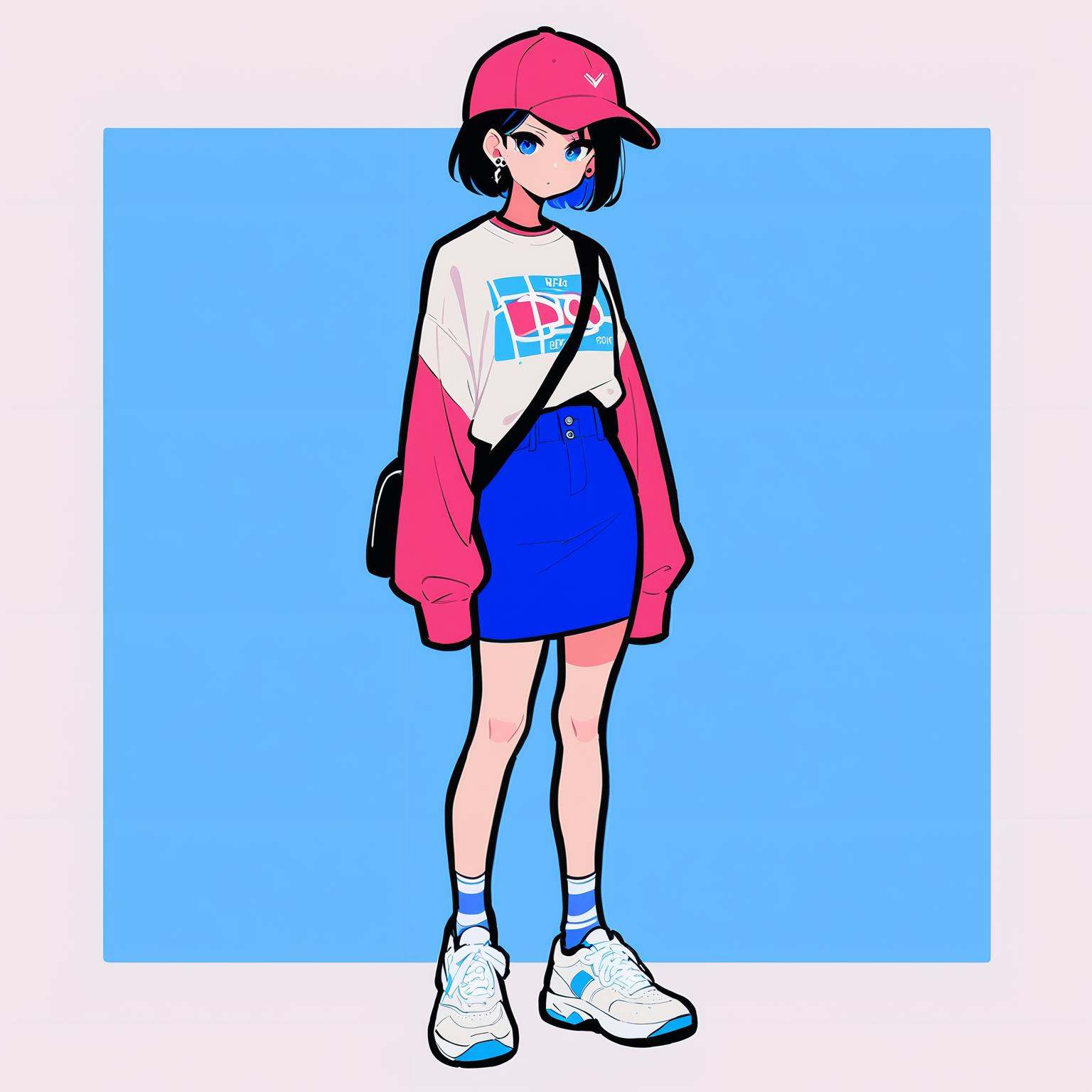 Masterpiece, best quality, two-tone background,blue background,flat color,1girl, solo, shirt, skirt, long sleeves, white shirt, shoes, full body, hat, shirt tucked in, bag, sleeves past wrists, earrings, white footwear, jewelry, sleeves past fingers, socks, baseball cap, border, pink headwear, standing, print shirt, short hair, shoulder bag, blue skirt, black hair, blue eyes, blue hair, red headwear<lora:Autodl1956-000016:0.8>