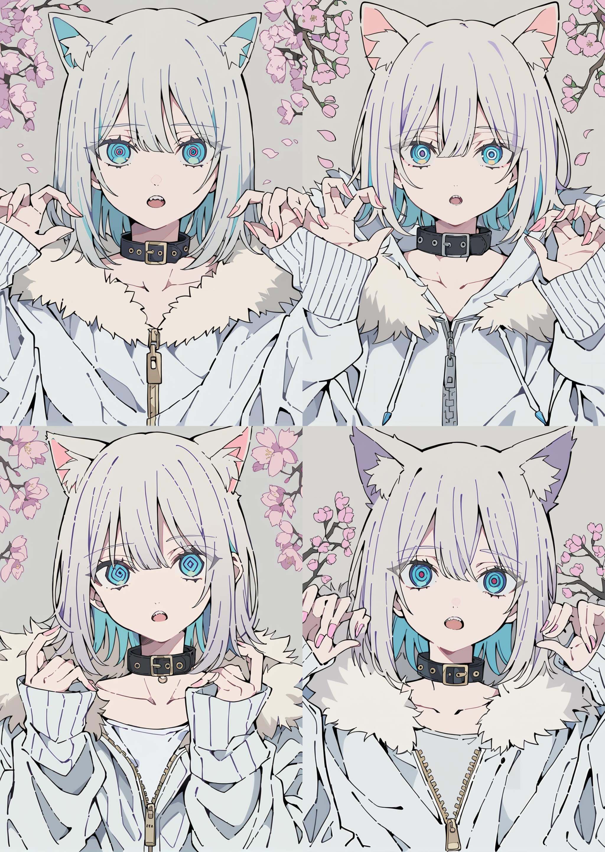 flat color, 1girl,cat ears,animal ear fluff,blue eyes,short hair,grey hair,bangs,hair between eyes,eyebrows visible through hair,flat chest,white dress,looking at viewer,under the cherry blossoms tree,sky,cloud,upper_body, jewelry, fur trim, jacket, simple background, collar, upper body, long hair, collarbone, open mouth, long sleeves, bangs, sleeves past wrists, fingernails, zipper, white background, hands up, piercing, teeth, grey background, multicolored hair, fur-trimmed jacket, black collar, ringed eyes <lora:CoolFlatColor-000017:0.9>
