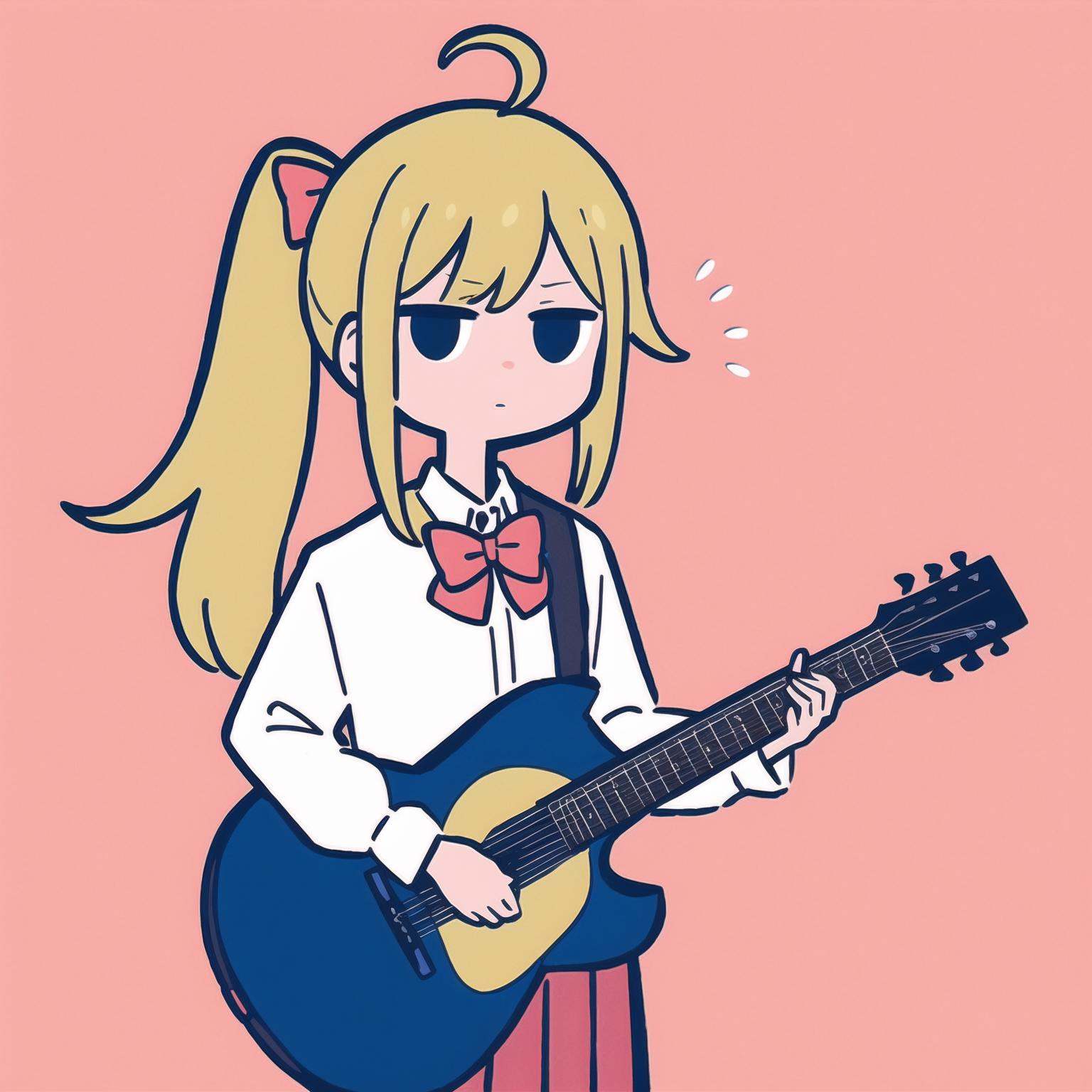 pink background,flat color,chibi,playing guitar,simple background,masterpiece, best quality,btr-nijika, 1girl, blonde hair, solo, side ponytail, skirt, long hair, (ahoge:1.2), red bow, blue skirt, white shirt, pleated skirt,bowtie, long sleeves, (anime colored:0.7),<lora:CleanLineArt-000011:0.8>