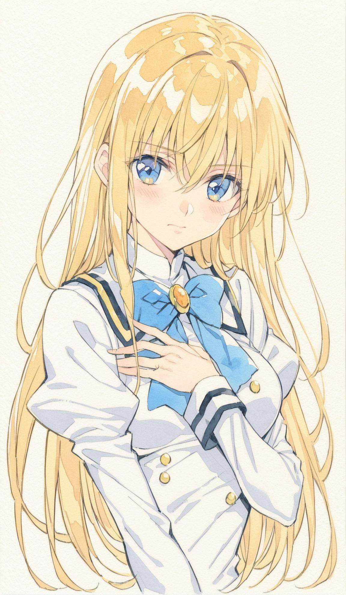 watercolor, 1girl, long hair, solo, blonde hair, school uniform, upper body, ribbon, blush, bow, long sleeves, blue eyes, hair ribbon, juliet sleeves, looking at viewer, closed mouth, hair between eyes, bowtie, puffy sleeves, shirt, white shirt, blue bow, bangs, breasts, hand on own chest, blue bowtie, medium breasts, white background, simple background, cropped torso, painting, <lora:Softwatercolor-000009:1>