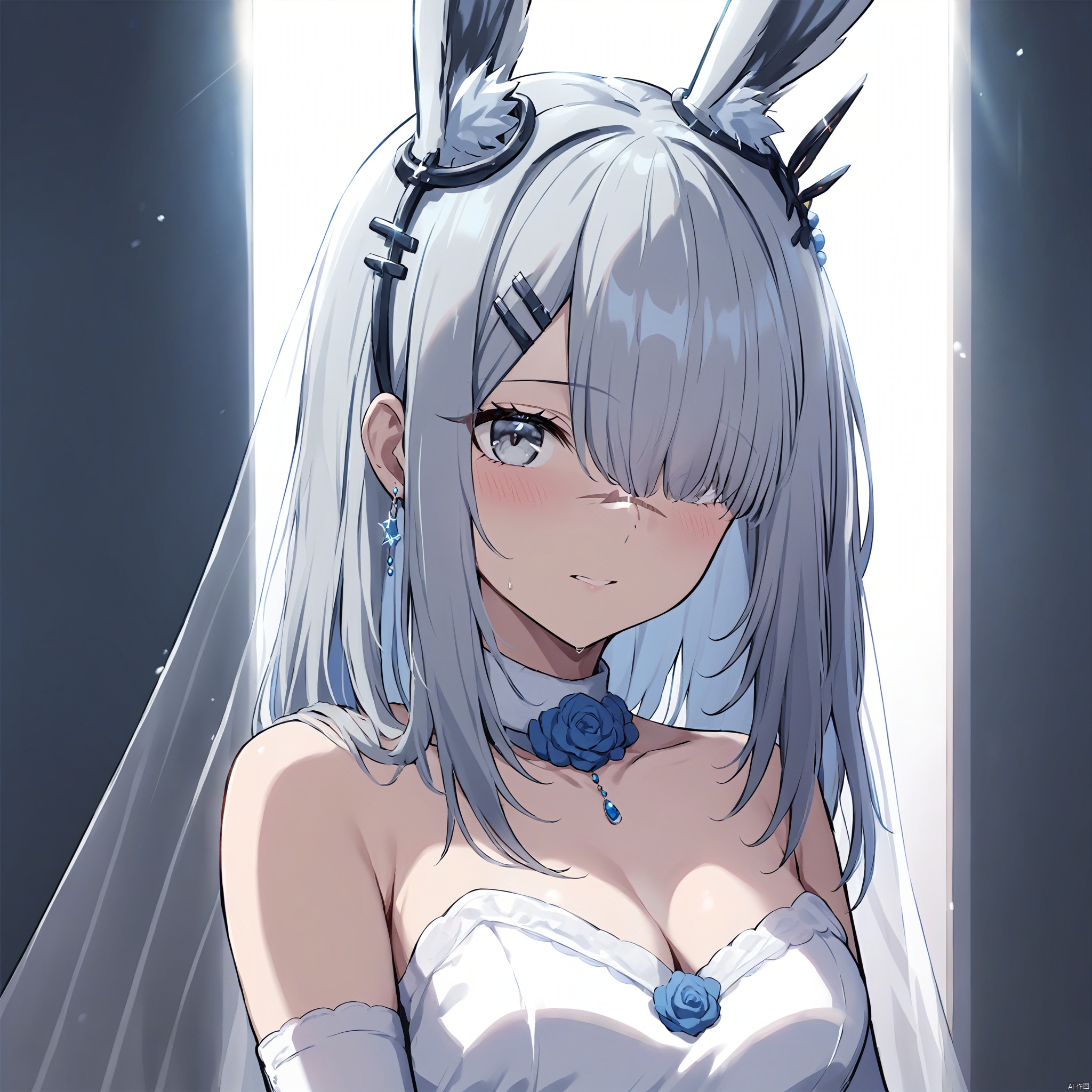  (masterpiece), (best quality), 1girl, rabbit ears,hair ornament,hair clip,grey hair, long hair,grey eyes, hair over one eye,scar on nose,medium_breasts,frostnova,wedding_dress,white_gloves,wedding,blue_necklace,white_elbow_gloves,wedding_veil,looking_at_viewer,sunlight,sunny_days,portrait,