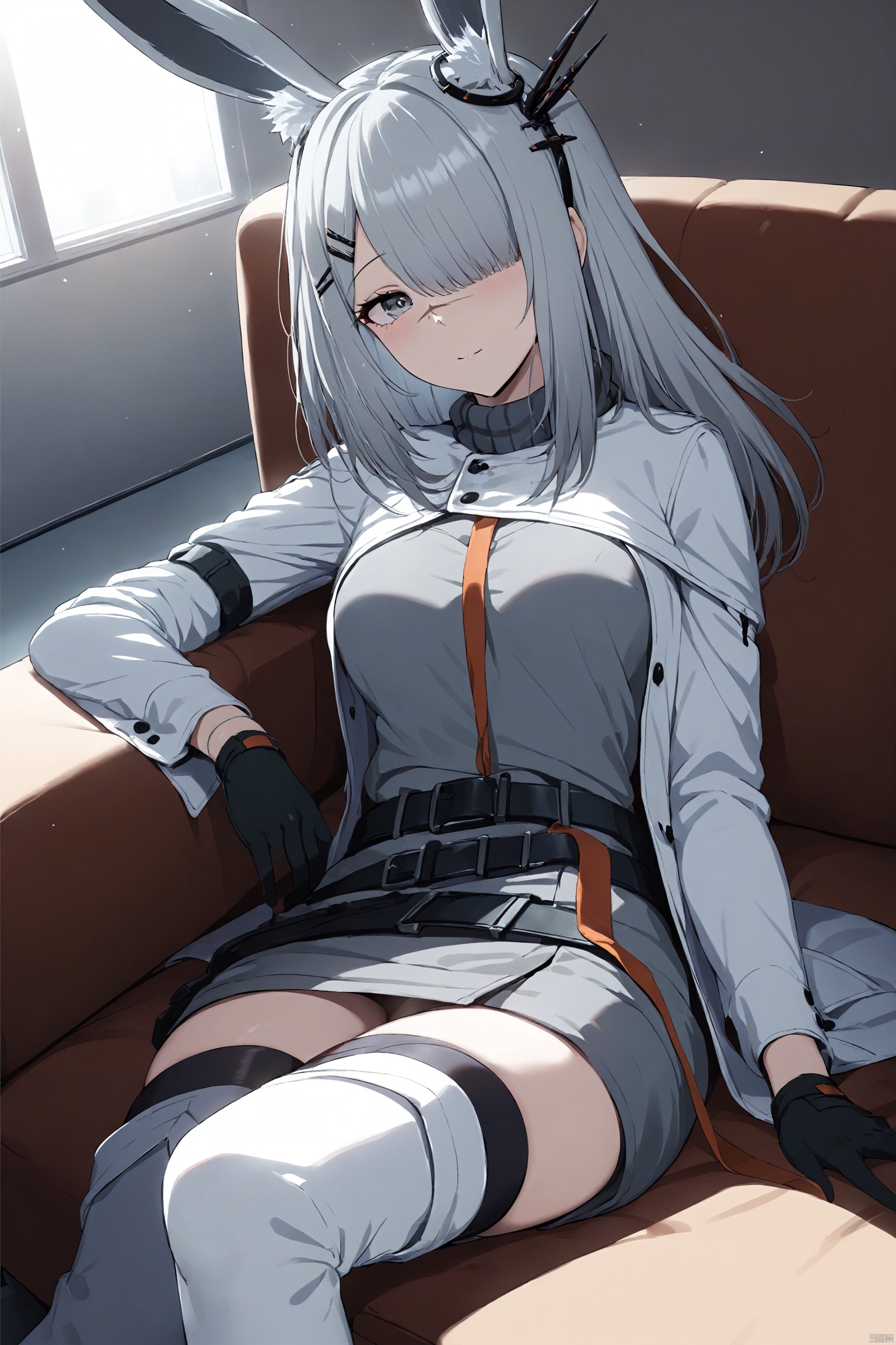  (masterpiece), (best quality), 1girl, rabbit ears,hair ornament,hair clip,grey hair, long hair,grey eyes, hair over one eye,scar on nose,white coat,open clothes,grey dress,belt,black gloves,arm band,long sleeves,medium_breasts,sitting,indoors,sofa,windos,sunlight, frostnova,black_thighhighs,(white_thigh_boots:1.2),lying,sofa,