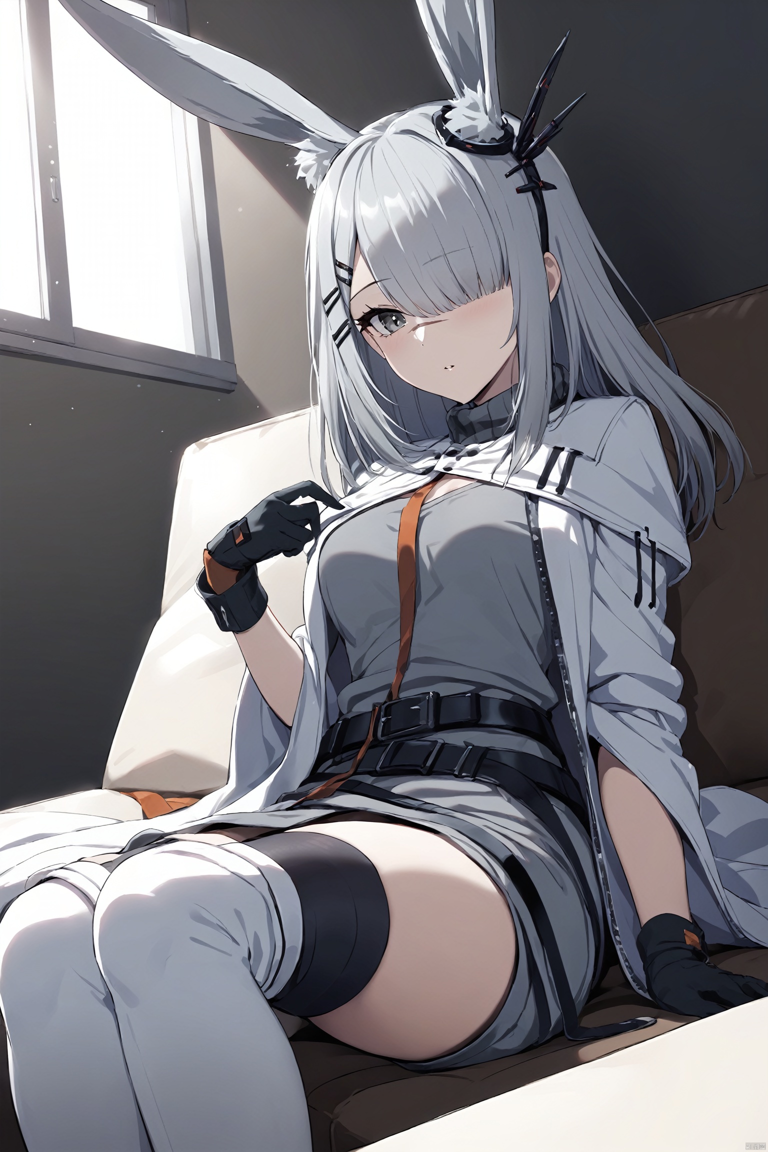  (masterpiece), (best quality), 1girl, rabbit ears,hair ornament,hair clip,grey hair, long hair,grey eyes, hair over one eye,scar on nose,white coat,open clothes,grey dress,belt,black gloves,arm band,long sleeves,medium_breasts,sitting,indoors,sofa,windos,sunlight, frostnova,black_thighhighs,white_thigh_boots,lying,sofa,behind the sofa,