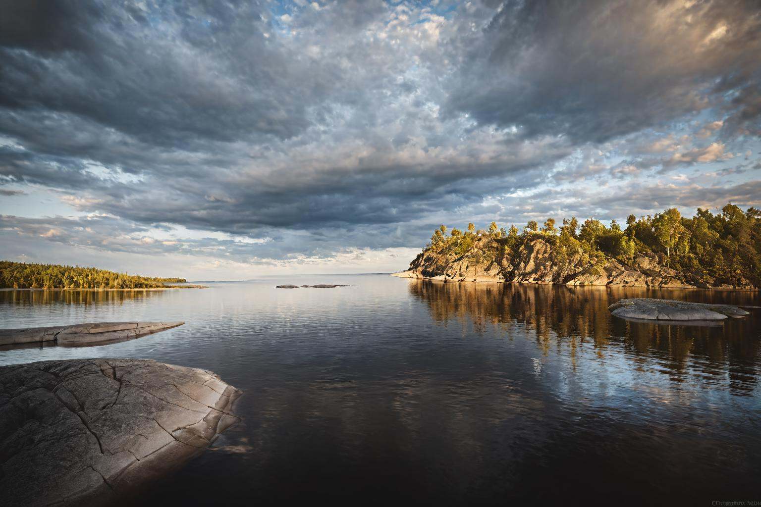 CINEMATIC SHOT,  professional photo by Caravaggio of wild nature,  lake ladoga on Tensor.Art