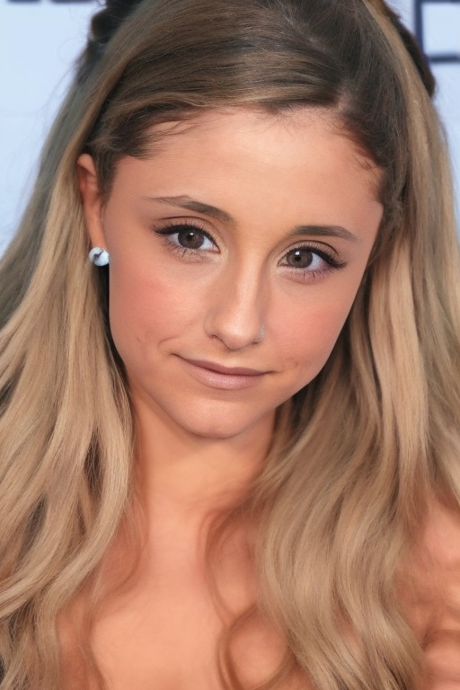 Naked shot of a young girl's face,  Ariana Grande ,  her blonde hair styled in loose waves framing her features. Her eyes...