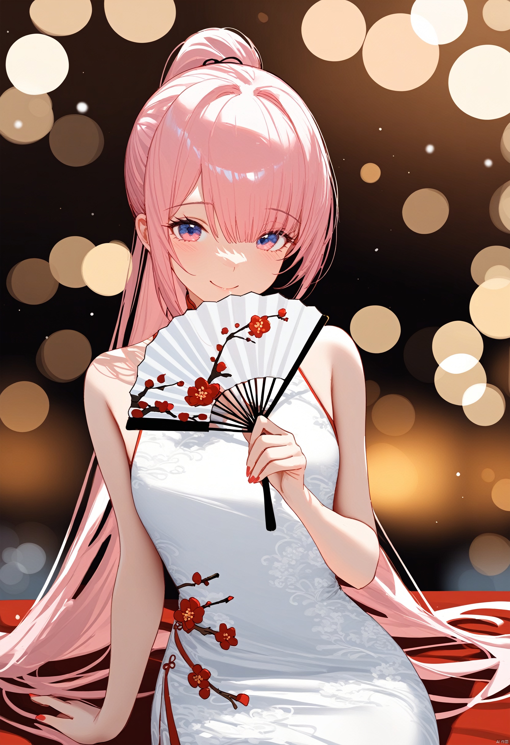 1girl, solo,pink hair, long hair, ponytail,long hair,shy, meaningful smile, white china dress, sleeveless dress, looking at viewer, half-open eyes, holding a fan, fan covering mouth, plum blossoms, sitting, bokeh, blurry background, close up, 
//BREAK,
fine fabric emphasis, maximalism, best quality, amazing quality, very aesthetic, absurdres, best quality, amazing quality, very aesthetic, absurdres, Highly detailed, best quality, masterpiece,