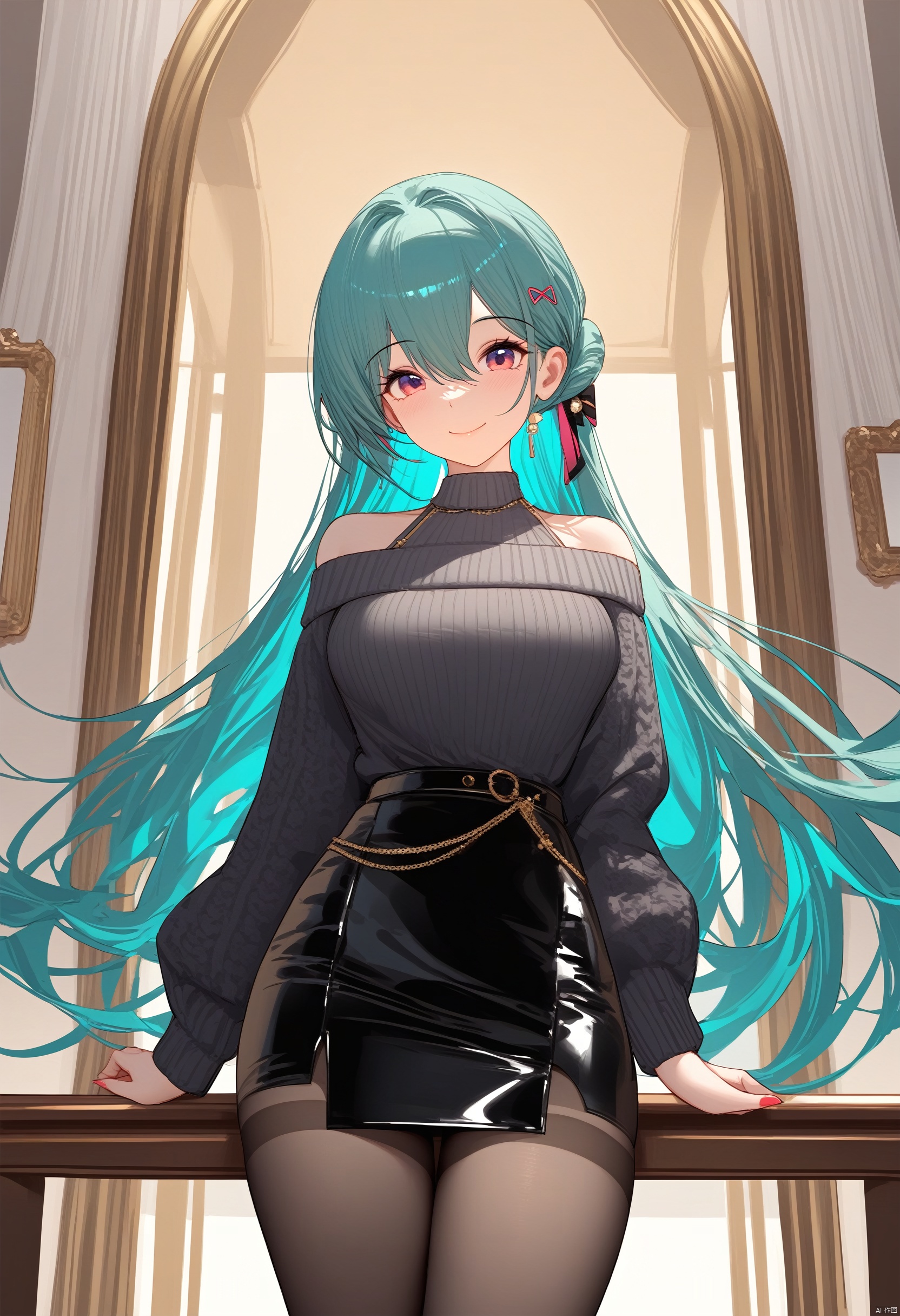  hatsune miku, off-shoulder sweater, sheath skirt, thighband pantyhose, black skirt, medium breasts, long hair, neat and smooth hair, standing, cowboy shot, ,smile, closed mouth,looking at viewer,
//
fine fabric emphasis, maximalism, best quality, amazing quality, very aesthetic, absurdres, best quality, amazing quality, very aesthetic, absurdres, Highly detailed, best quality, masterpiece,