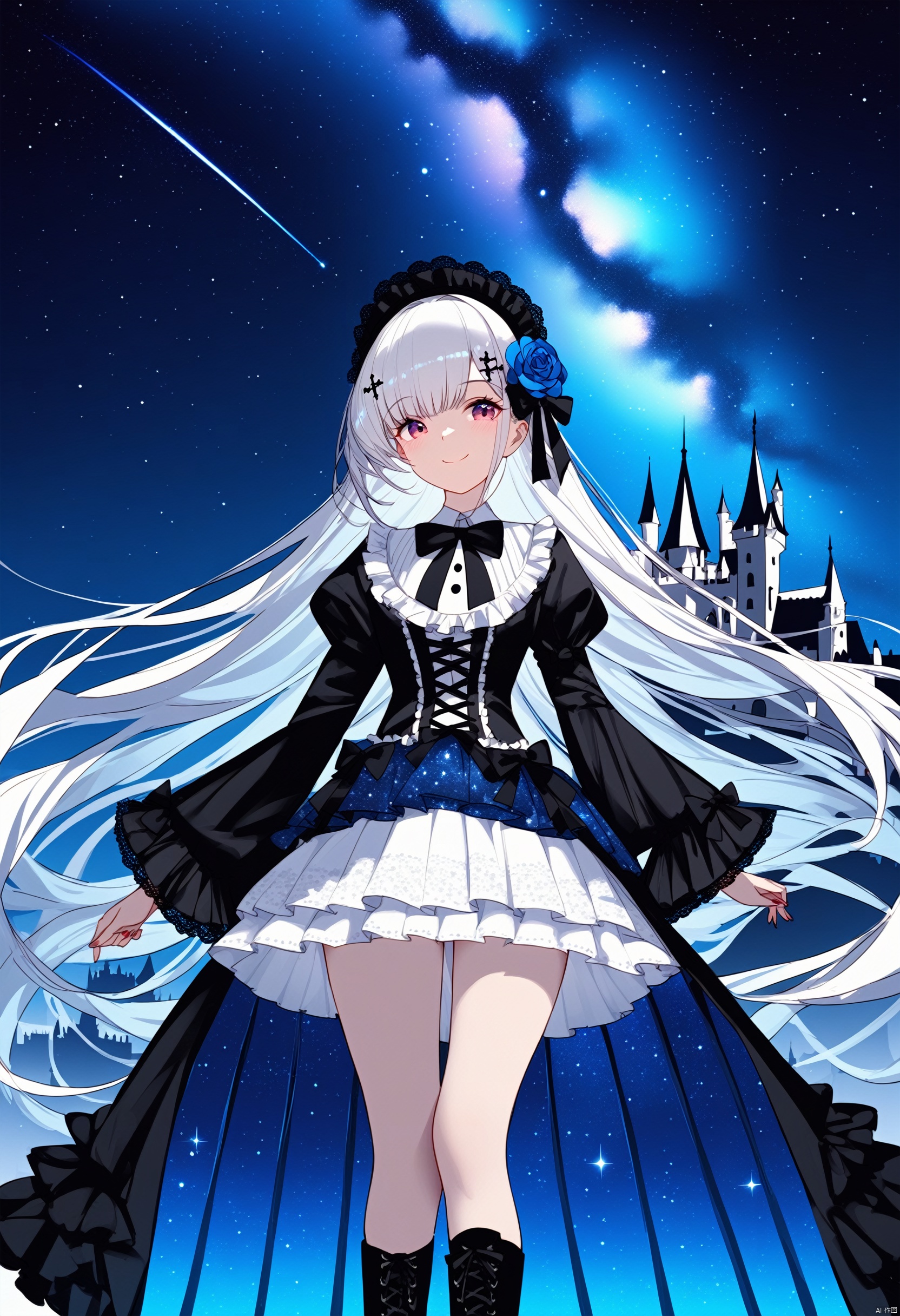 1girl,lolita,dress,smile,beautiful detailed glow,beautiful detailed water,starry Nebula,beautiful detailed sky,kneehighs,lace,fine_fabric_emphasis,shiny long hair,Gothic Lolita,blue white skirt,(short skirt),black Headdress,bowknot,(hair ornament),(hair flower),Lace,cross-laced footwear,ribbon-trimmed sleeves,building architecture,(gothic architecture),starry sky,outdoors,(castle),cowboy shot,
//
fine fabric emphasis, maximalism, best quality, amazing quality, very aesthetic, absurdres, best quality, amazing quality, very aesthetic, absurdres, Highly detailed, best quality, masterpiece,