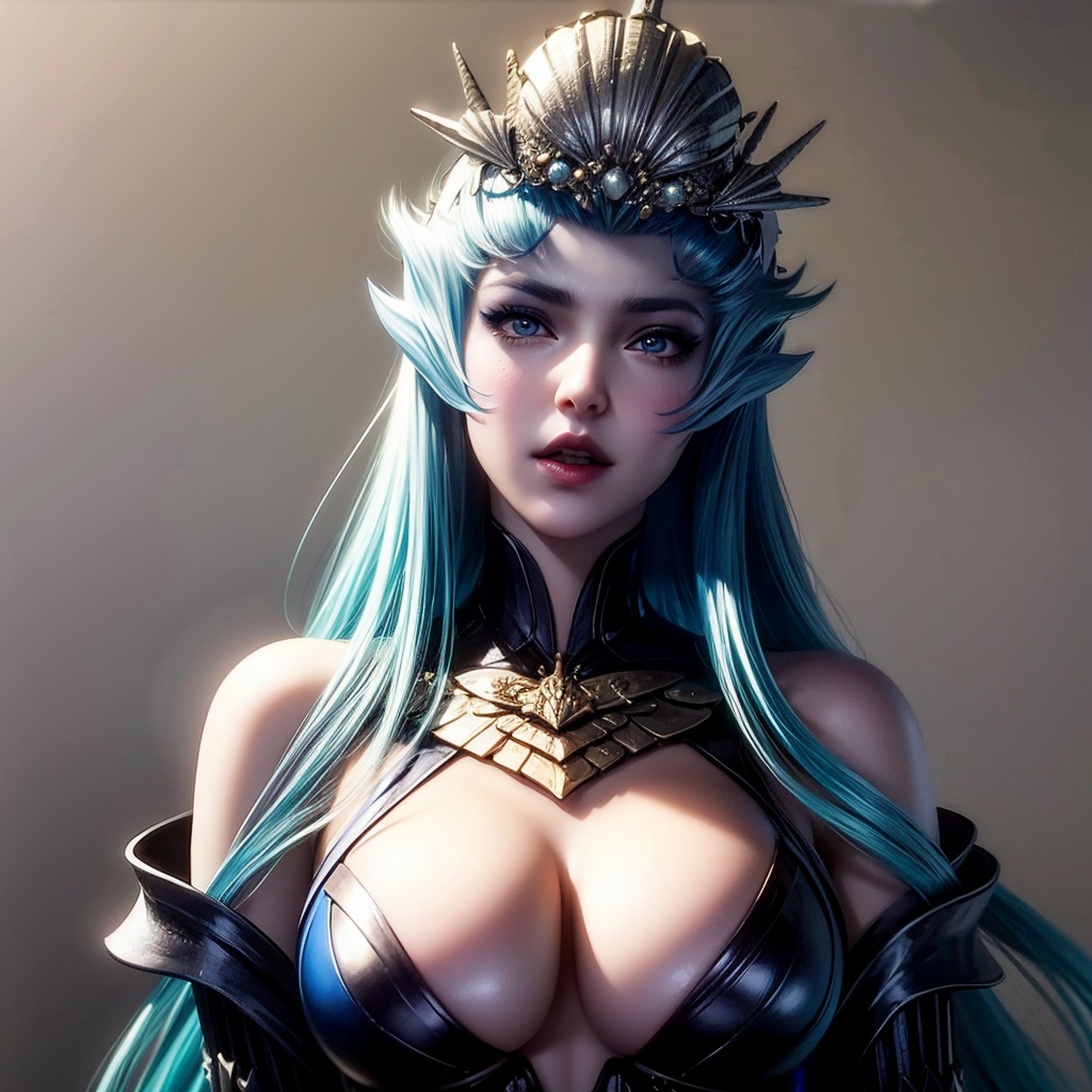 masterpiece,best quality,illustration,anime,simple gray background,1girl,solo,blue eyes,long hair,blue hair,lips,tiara,parted lips,breasts,dress,bare shoulders,armor,crown,<lora:add_detail:1>,<lora:_20240307205553:0.7>,
