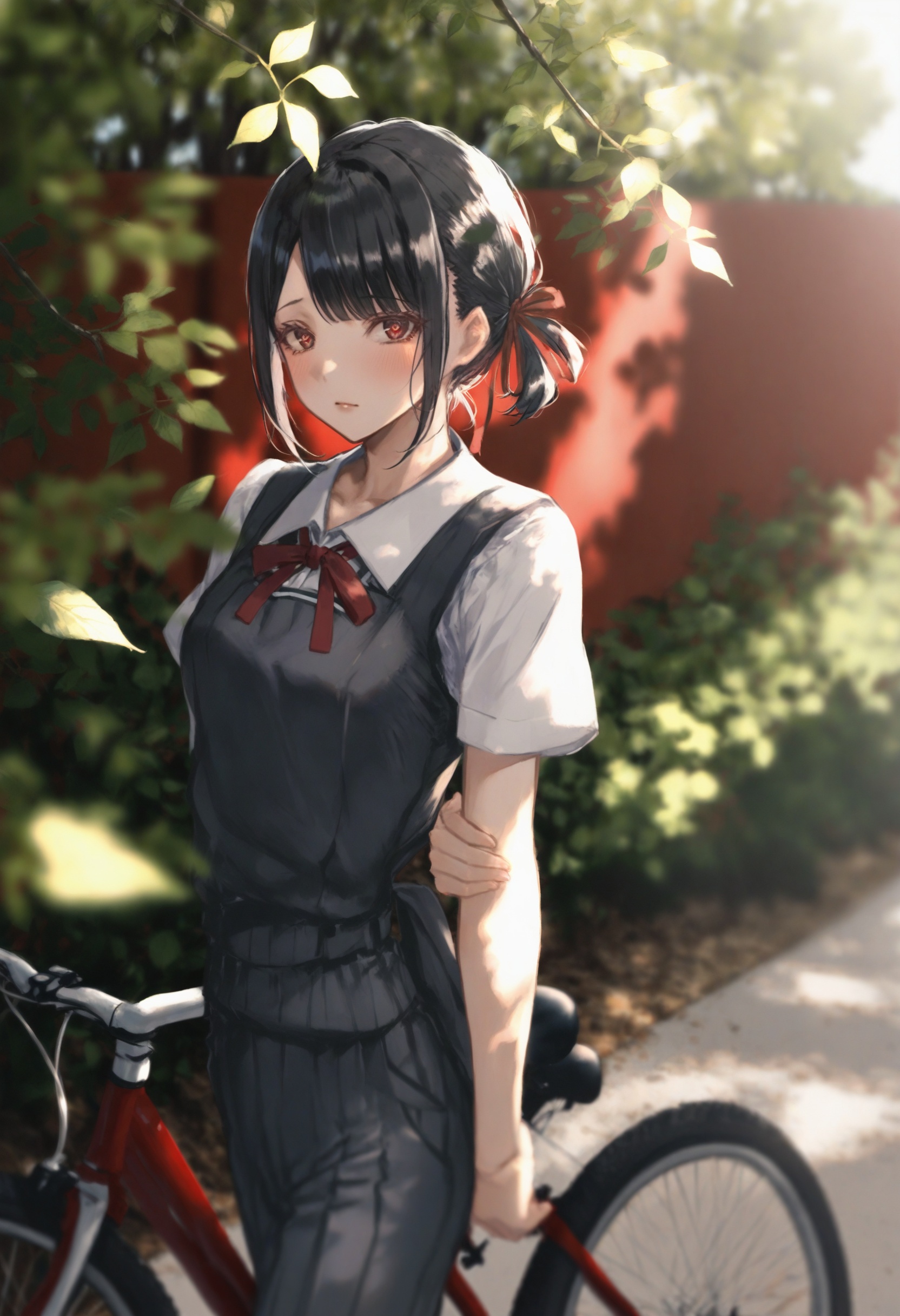 masterpiece, best quality <lora:sd_xl_dpo_lora_v1-128dim:1>,1girl, shinomiya kaguya, shuuchiin academy school uniform, solo, school uniform, red eyes, red background, heart, dress, red ribbon, short sleeves, ribbon, looking at viewer, folded ponytail, black dress, bangs, blush, black hair , summer uniform, parted bangs, hair ribbon, sidelocks, simple background, white shirt, shirt, symbol-shaped pupils, neck ribbon, short hair, heart-shaped pupils, arm behind back, pinafore dress, upper body ,bicycle, ground vehicle, outdoors, male focus, tree, blurry foreground, blurry, solo, scenery, sunlight, plant, depth of field, day, pants, wide shot, leaf, standing, overgrown ,  <lora:ABKSKXLlokr2f-000147:1>