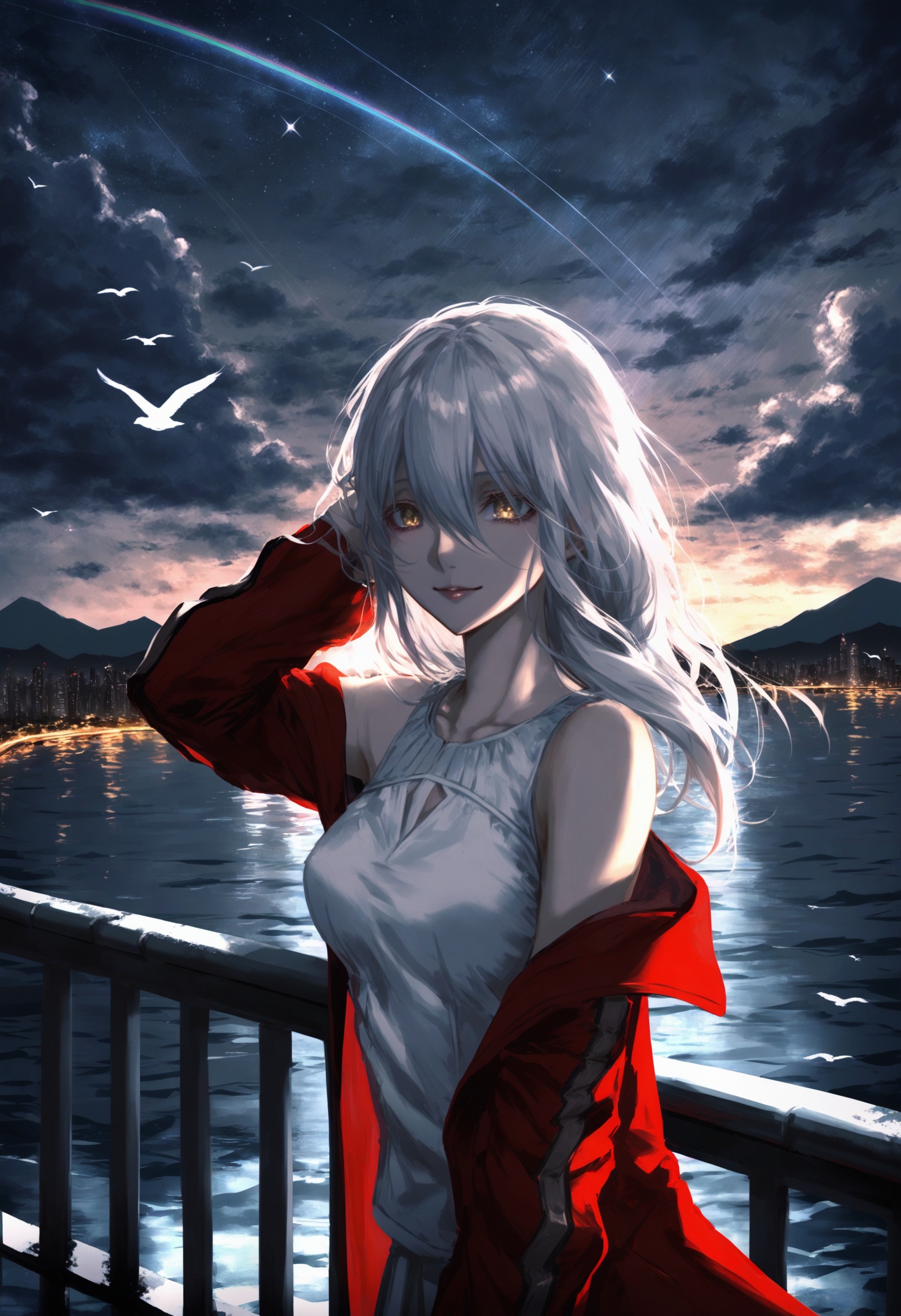 masterpiece, best quality <lora:sd_xl_dpo_lora_v1-128dim:1>,1girl, solo, long hair, white hair, breasts, upper body, sleeveless, hair between eyes, bangs, parted lips, medium breasts, yellow eyes, white shirt, shirt, smile, bare shoulders, looking at viewer, hand in own hair, white background ,scenery, bird, cloud, sky, outdoors, mountain, building, cloudy sky, city, sunlight, day, railing, fantasy, water, light rays, animal, sky, scenery, solo, cloud, outdoors, star (sky), coat, building, city, cityscape, starry sky, wind, skyline, standing, cloudy sky, miyamizu mitsuha, long sleeves, night, red coat, skyscraper, diffraction spikes, string, railing, night sky ,  <lora:ABKSKXLlokr2f-000147:1>