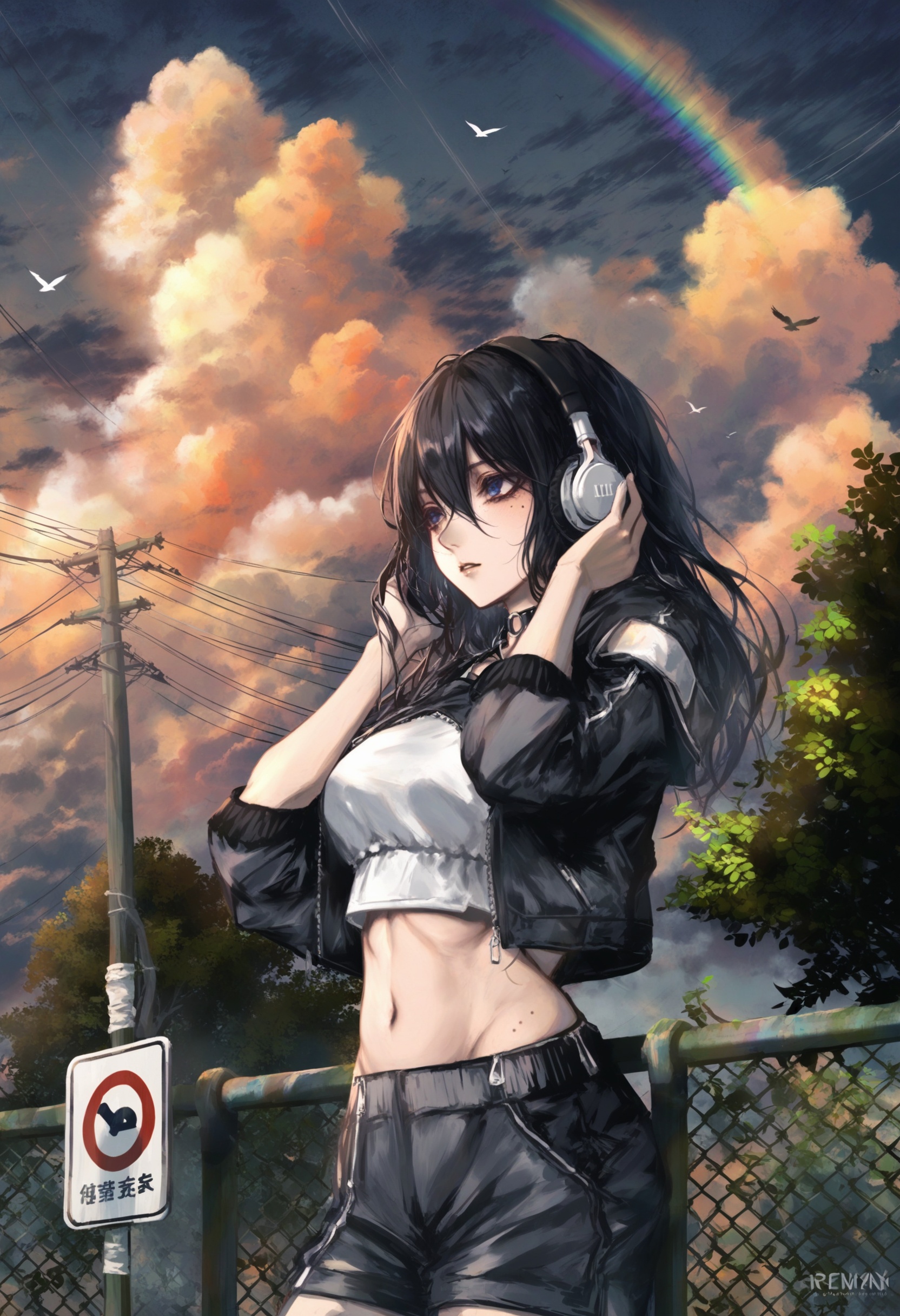 masterpiece, best quality <lora:sd_xl_dpo_lora_v1-128dim:1>,1girl, solo, headphones, long hair, jacket, black hair, blue eyes, black jacket, shirt, navel, mole under eye, parted lips, midriff, off shoulder, crop top, white shirt, open jacket, open clothes, mole, breasts, upper body, hair between eyes, hand on headphones, choker, looking to the side, medium breasts, long sleeves, floating hair, bangs, o-ring, short sleeves, looking away, hand in own hair, stomach, black choker ,outdoors, scenery, cloud, sky, tree, solo, railing, sunset, fence, power lines, utility pole, cloudy sky, sunlight, building, plant, standing, blue sky, road, chain-link fence, shadow, wide shot, cloud, outdoors, sky, rainbow, house, blue sky, power lines, utility pole, day, building, tree, cloudy sky, cumulonimbus cloud, bird, solo, summer, school uniform, artist name, short sleeves, cloud, sky, scenery, reflection, outdoors, sunset, sun, mirror, cloudy sky, sign, blue sky, moon, road sign ,  <lora:ABKSKXLlokr2f-000147:1>
