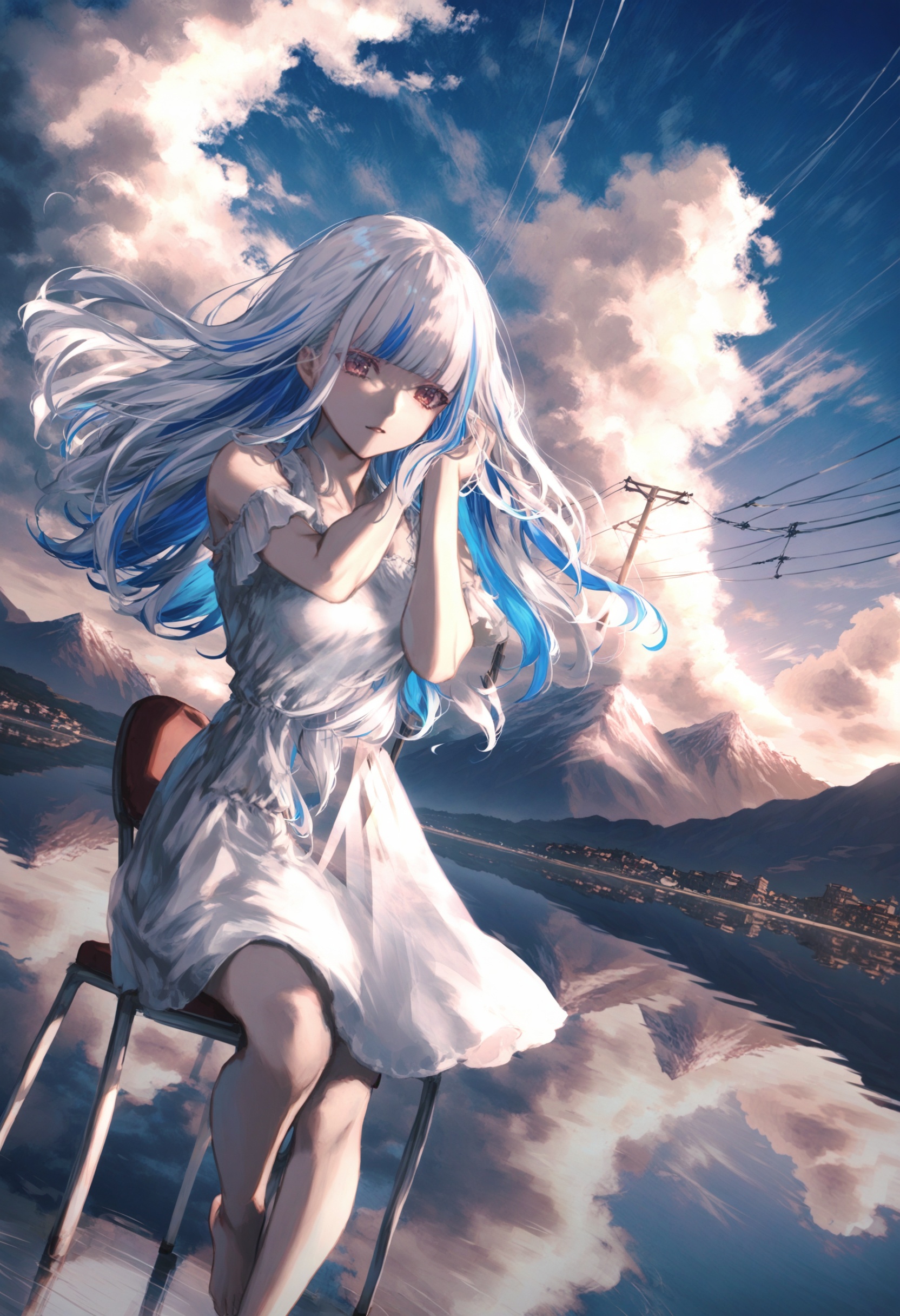 masterpiece, best quality <lora:sd_xl_dpo_lora_v1-128dim:1>,1girl, solo, blue hair, long hair, multicolored hair, virtual youtuber, lize helesta, looking at viewer, white hair, breasts, white background, hands in hair, parted lips, upper body, bangs, simple background, sleeveless, bare shoulders, dress, medium breasts, floating hair, blunt bangs ,reflection, dress, sky, outdoors, cloud, solo, white dress, scenery, mountain, day, building, blue sky, standing, power lines, water, mountainous horizon, barefoot, blue theme, wide shot, different reflection, chair, instrument, cloudy sky, short sleeves, dutch angle ,  <lora:ABKSKXLlokr2f-000147:1>