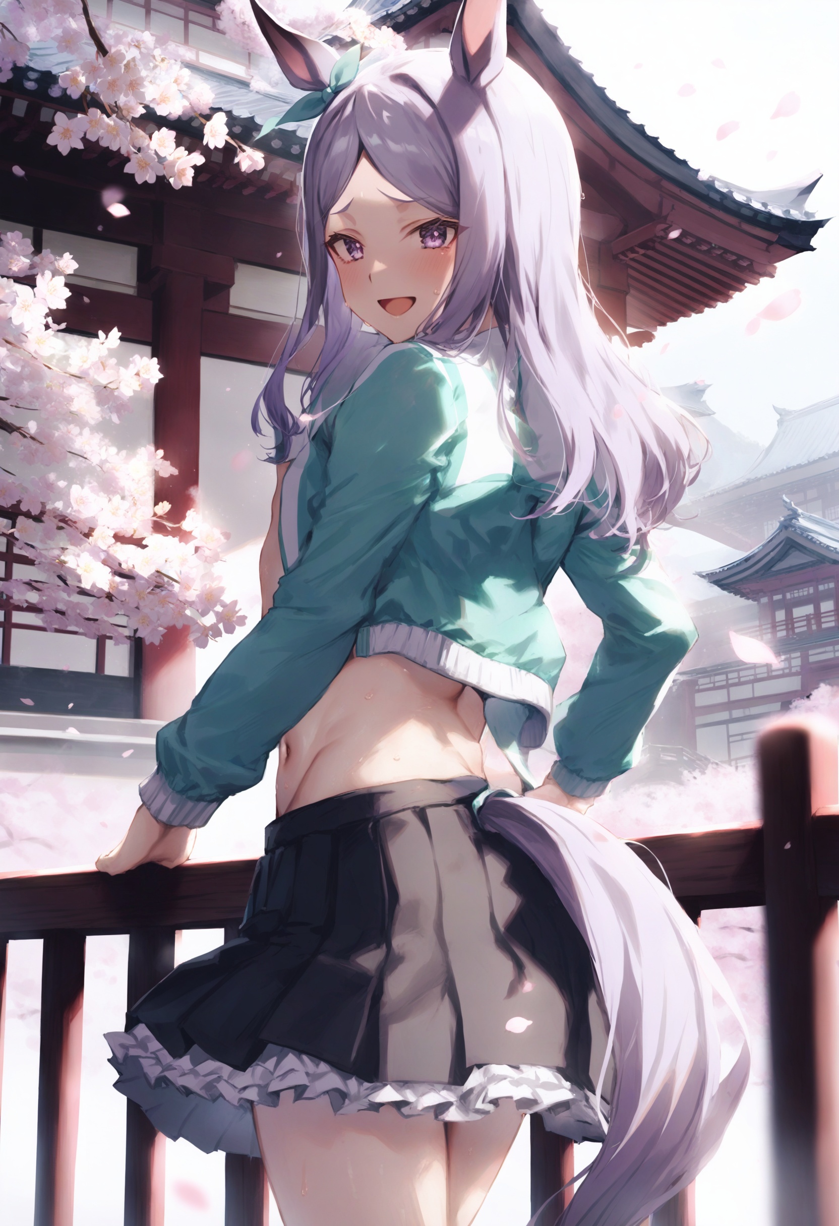 masterpiece, best quality <lora:sd_xl_dpo_lora_v1-128dim:1>,1girl, solo, mejiro mcqueen \(umamusume\), long hair, animal ears, horse ears, tail, horse girl, purple eyes, horse tail, looking at viewer, white background, purple hair, sweat, long sleeves, simple background, navel, skirt, open mouth, bangs, blush, jacket, smile, black skirt, looking back, ribbon ,scenery, petals, architecture, outdoors, cherry blossoms, east asian architecture, sky, tree, day, blurry, building, railing, sunlight, depth of field, bridge ,  <lora:ABKSKXLlokr2f-000147:1>