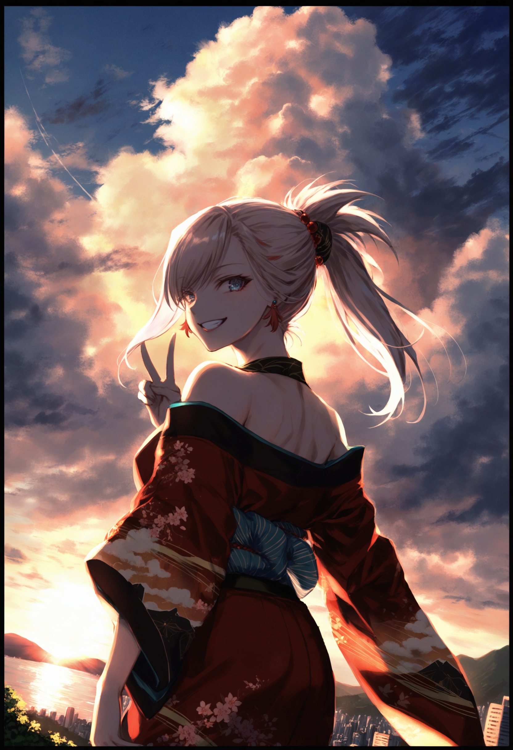 masterpiece, best quality <lora:sd_xl_dpo_lora_v1-128dim:1>,1girl, miyamoto musashi \(fate\), solo, smile, looking back, one eye closed, earrings, jewelry, looking at viewer, ponytail, grin, kimono, bare shoulders, hair ornament, asymmetrical hair, from behind, japanese clothes, blue eyes, upper body, v, bangs ,sky, scenery, cloud, black border, blue sky, building, border, outdoors, city, day, cityscape, skyscraper, scenery, cloud, sky, outdoors, sunset, tree, black border, border, sun, horizon, cloudy sky, ocean, sunlight, mountain, landscape, nature ,  <lora:ABKSKXLlokr2f-000147:1>