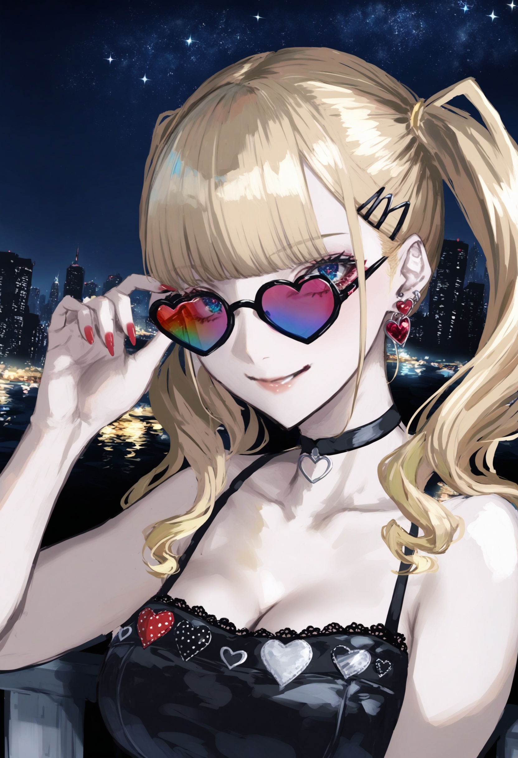 masterpiece, best quality <lora:sd_xl_dpo_lora_v1-128dim:1>,1girl, takamaki anne, solo, blonde hair, breasts, twintails, earrings, blue eyes, hair ornament, jewelry, cleavage, red nails, hairclip, adjusting eyewear, long hair, choker, heart, looking over eyewear, sunglasses, heart earrings, nail polish, tinted eyewear, looking at viewer, collarbone, smile, upper body, swept bangs, bare shoulders, bangs ,scenery, cityscape, night, sky, city, building, city lights, night sky, dark, skyscraper, star (sky), outdoors, blue theme, starry sky, letterboxed ,  <lora:ABKSKXLlokr2f-000147:1>