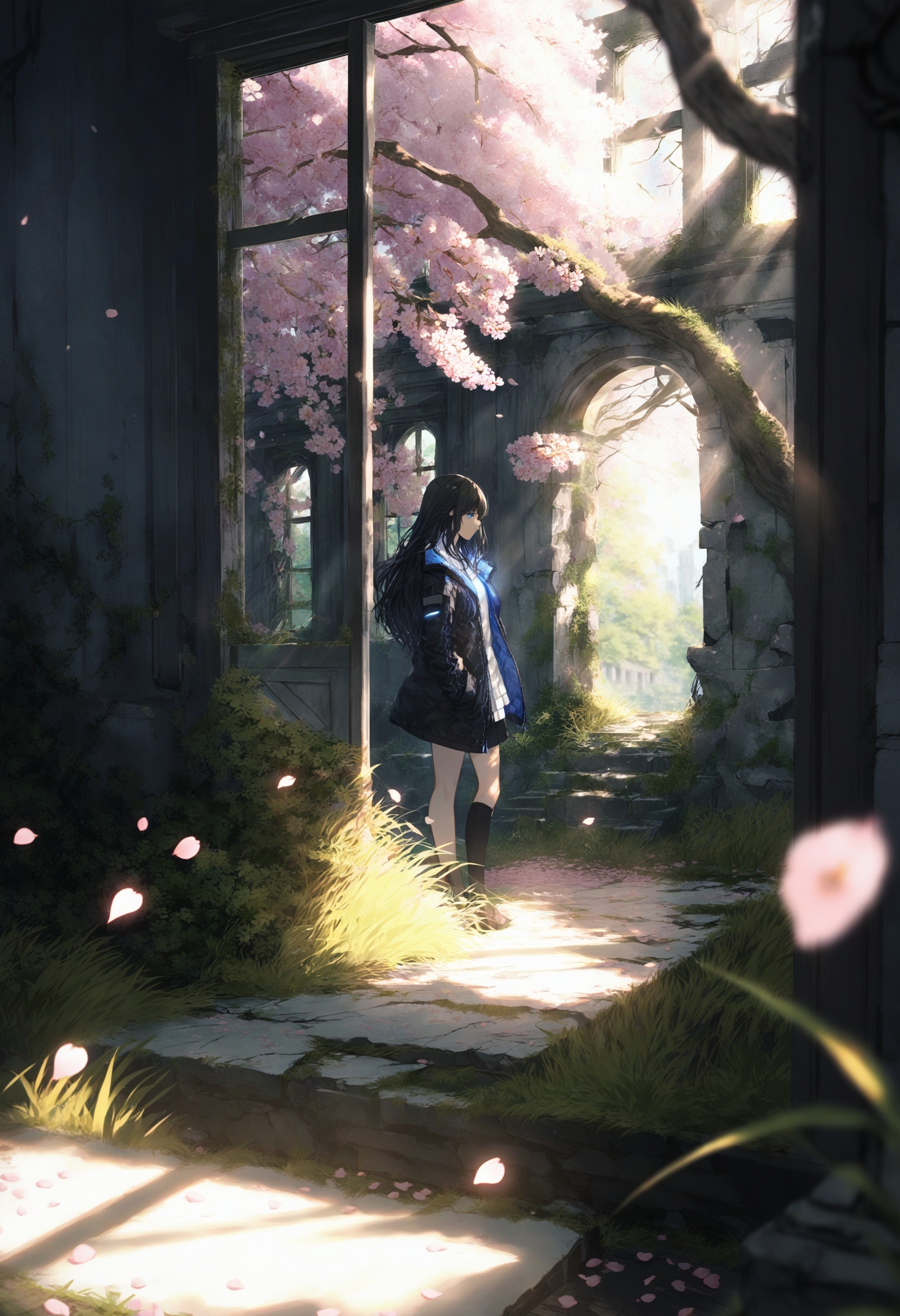 masterpiece, best quality <lora:sd_xl_dpo_lora_v1-128dim:1>,1girl, solo, long hair, black hair, blue eyes , glowing, jacket ,scenery, petals, tree, sunlight, outdoors, cherry blossoms, overgrown, light rays, plant, window, day, grass, sunbeam, blurry, ruins, blurry foreground, flower, building, door ,  <lora:ABKSKXLlokr2f-000147:1>