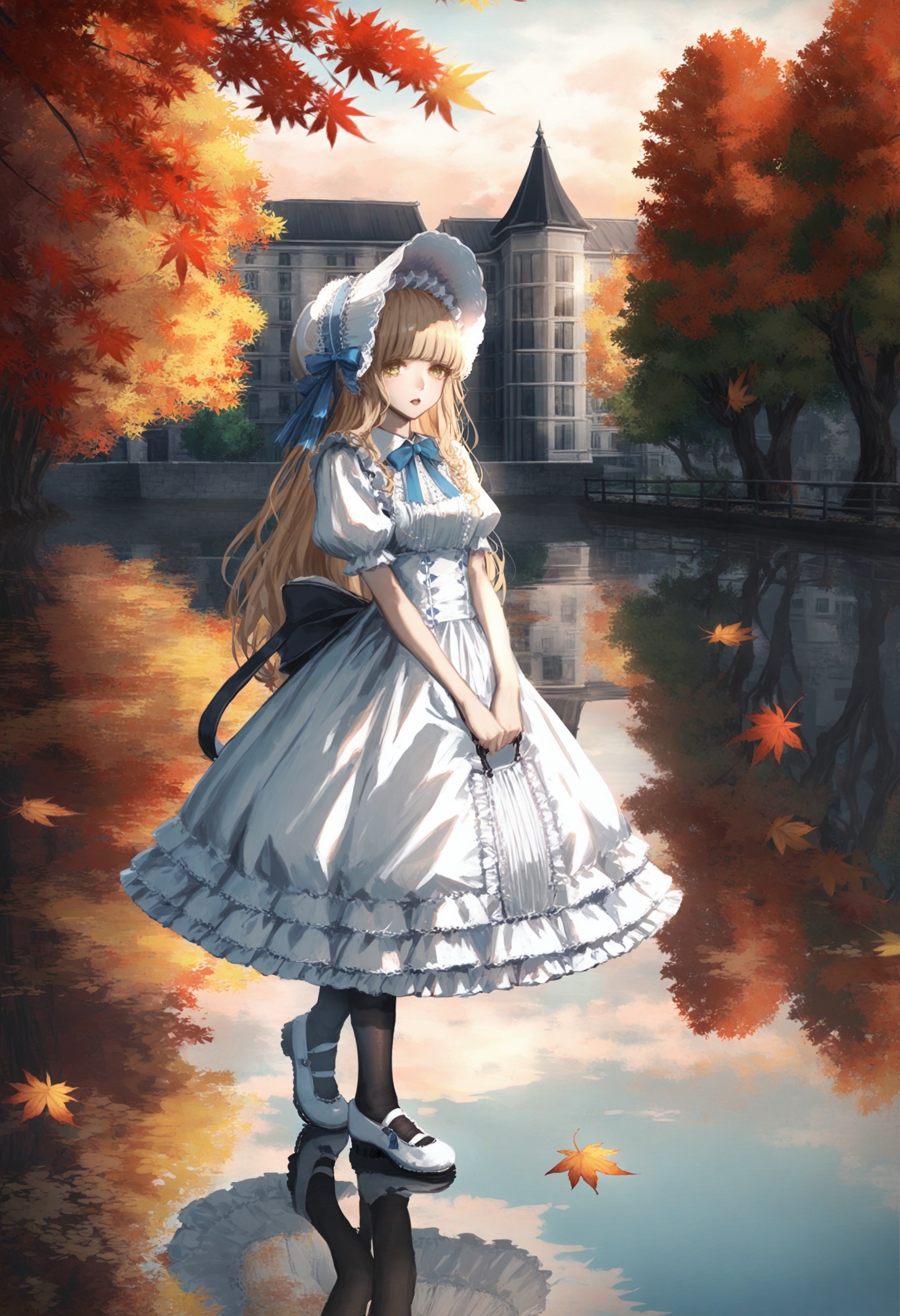 masterpiece, best quality <lora:sd_xl_dpo_lora_v1-128dim:1>,1girl, solo, long hair, dress, full body, flower , yellow eyes, white dress, blue bow, blonde hair, bonnet, blue flower, garter straps, bangs, very long hair, frills, looking at viewer, thighhighs, short sleeves, puffy sleeves, parted lips tie, hair bow, white headwear, :o, blue bowtie, frilled dress, hat, wide sleeves, open mouth ,reflection, outdoors, tree, solo, autumn leaves, scenery, reflective water, day, water, standing, bag, long sleeves, thighhighs, autumn, pantyhose, building, sky, leaf, shoes ,  <lora:ABKSKXLlokr2f-000147:1>