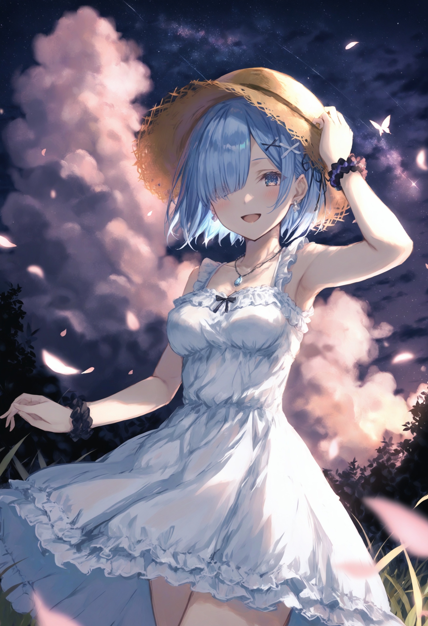masterpiece, best quality <lora:sd_xl_dpo_lora_v1-128dim:1>,rem \(re:zero\), 1girl, solo, short hair, wrist scrunchie, white dress, breasts, dress, smile, blue eyes, looking at viewer, jewelry, blue hair, hair ornament, hat, outdoors, x hair ornament, collarbone, open mouth, scrunchie, cleavage, bare shoulders, earrings, hair over one eye, :d, flower, frilled dress, bracelet, blush, sleeveless dress, necklace, alternate costume, day, arm up, sleeveless, bangs, frills, medium breasts, armpits, cowboy shot, petals, straw hat, sky, brown headwear, bare arms, bird, cloud, large breasts ,scenery, sky, star (sky), outdoors, starry sky, night, tree, blurry foreground, bug, night sky, grass, blurry, cloud, plant, butterfly, depth of field, fantasy, flower ,  <lora:ABKSKXLlokr2f-000147:1>
