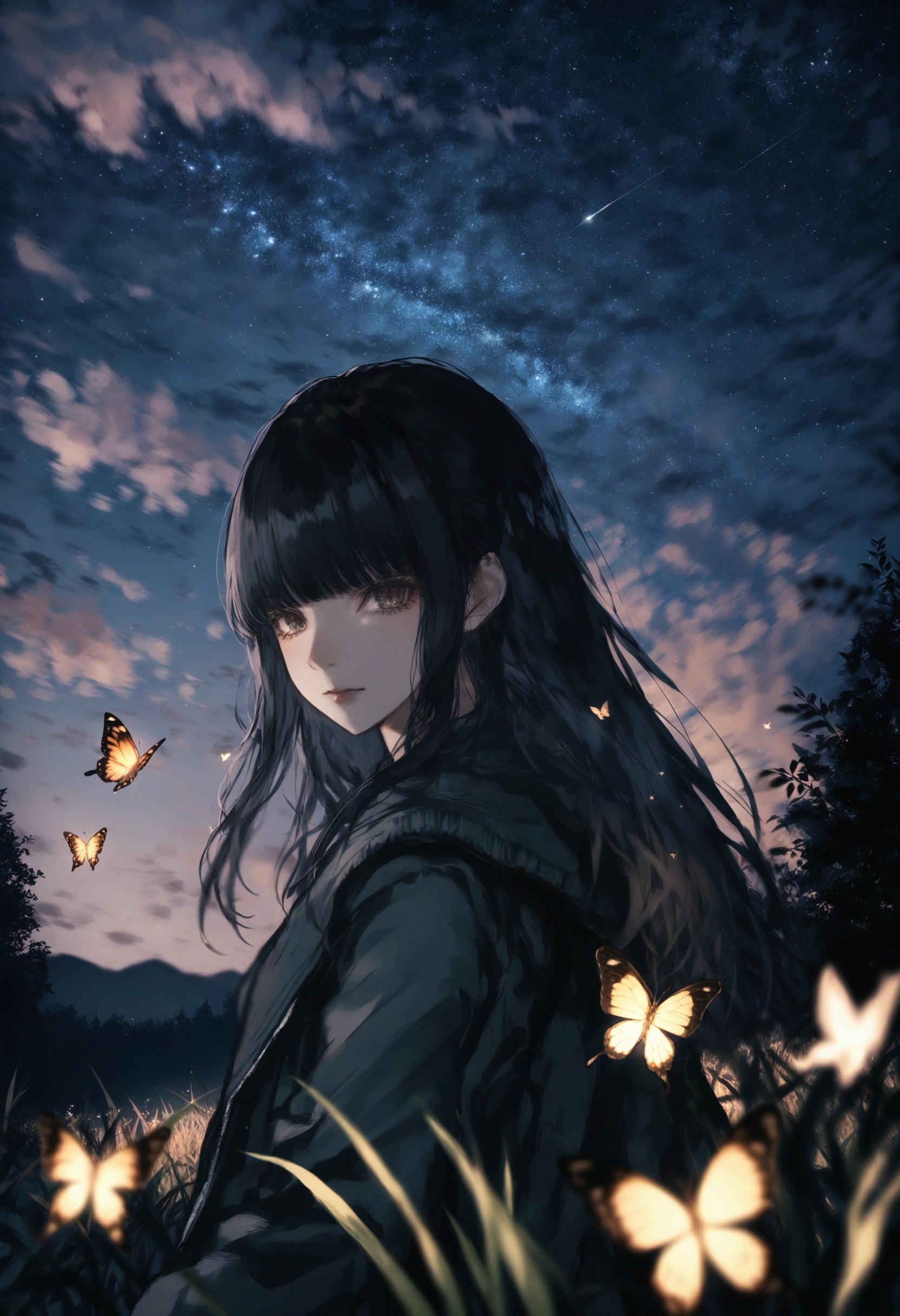 masterpiece, best quality <lora:sd_xl_dpo_lora_v1-128dim:1>,1girl, solo, long hair, black hair, looking at viewer, bangs, closed mouth, upper body, jacket ,scenery, sky, star (sky), outdoors, starry sky, night, tree, blurry foreground, bug, night sky, grass, blurry, cloud, plant, butterfly, depth of field, fantasy, flower ,  <lora:ABKSKXLlokr2f-000147:1>