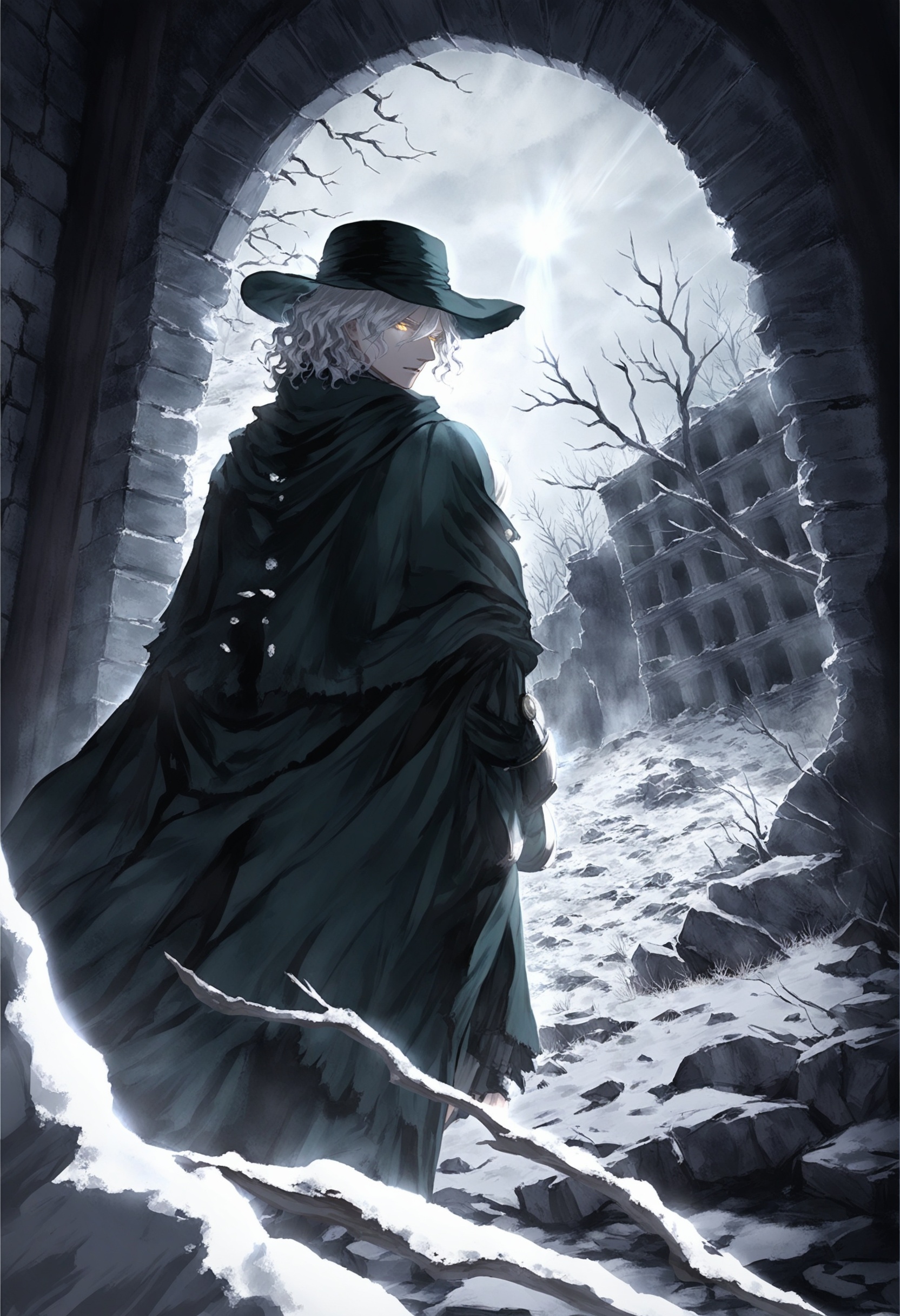 masterpiece, best quality <lora:sd_xl_dpo_lora_v1-128dim:1>,edmond dantes \(fate\), 1boy, solo, male focus, hat, yellow eyes, looking back, white hair, looking at viewer, cloak, from behind, cape, simple background, white background, glowing, wavy hair, aura ,scenery, bare tree, tree, window, snow, ruins, indoors, rock, sunlight, winter ,  <lora:ABKSKXLlokr2f-000147:1>