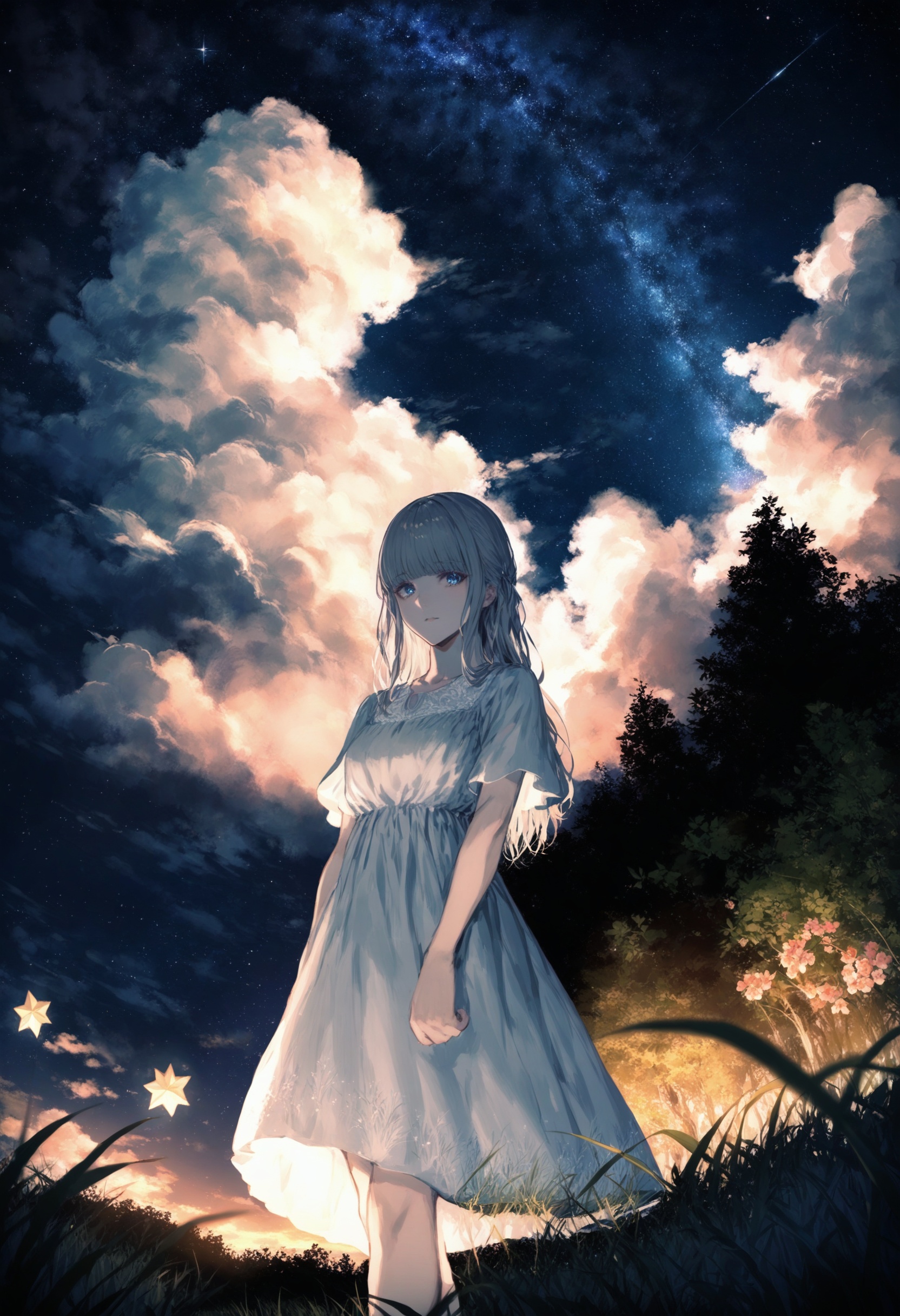 masterpiece, best quality <lora:sd_xl_dpo_lora_v1-128dim:1>,1girl, solo, blue eyes  , looking at viewer , white background, long hair, standing, closed mouth, bangs, dress ,scenery, sky, outdoors, tree, flower, star (sky), night, starry sky, night sky, grass, solo, cloud, standing ,  <lora:ABKSKXLlokr2f-000147:1>