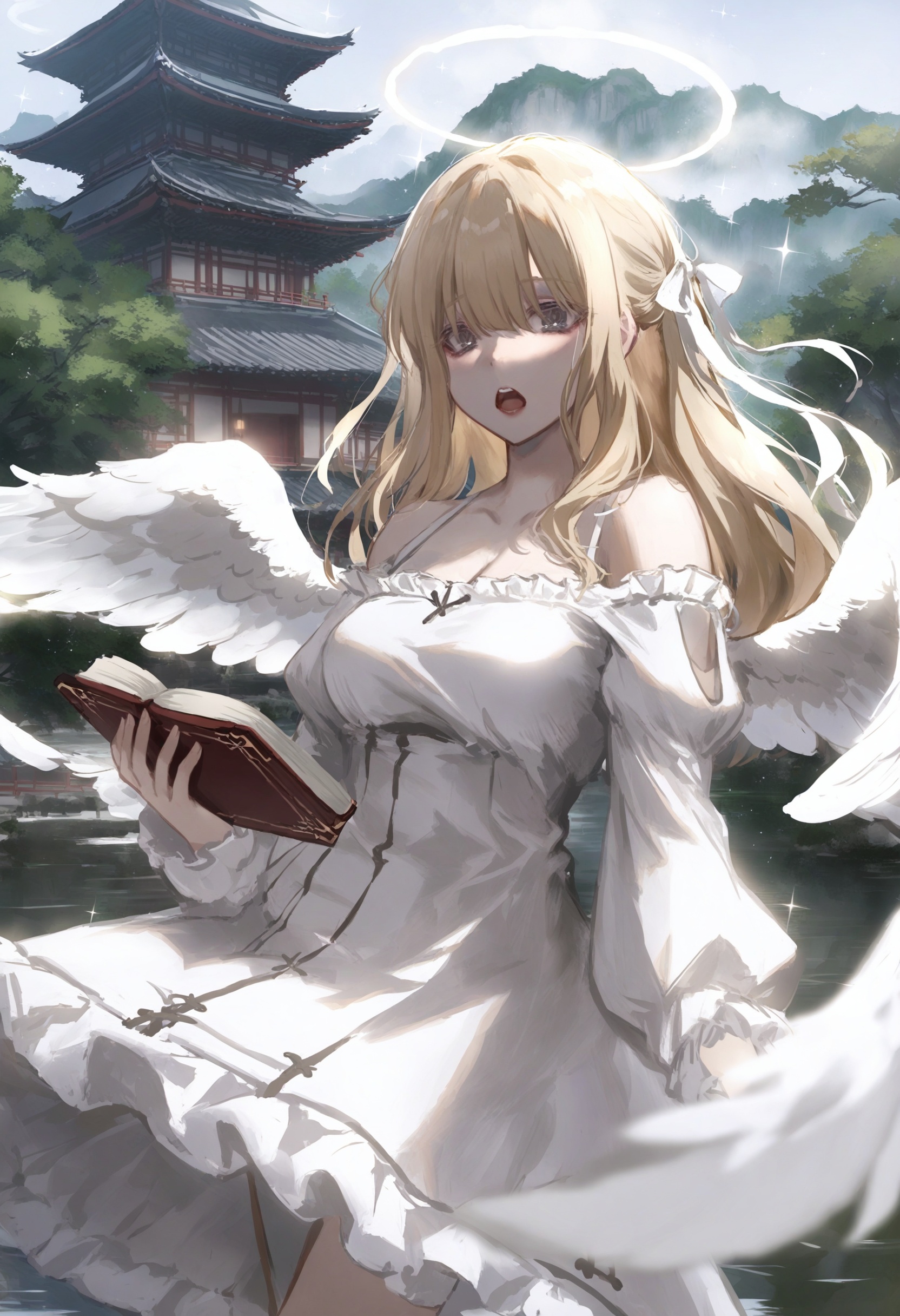 masterpiece, best quality <lora:sd_xl_dpo_lora_v1-128dim:1>,1girl, dress, long hair, wings, solo, book , white dress, halo, open mouth, ribbon, blonde hair, bare shoulders, looking at viewer, hair ribbon, off shoulder , white ribbon, bangs, angel wings, feathered wings, white background, angel, sparkle, off-shoulder dress, long sleeves, grey eyes, white wings, simple background, puffy sleeves, teeth, hair between eyes, upper teeth only, breasts, very long hair, cleavage ,scenery, tree, east asian architecture, architecture, outdoors, reflection, building, nature ,  <lora:ABKSKXLlokr2f-000147:1>
