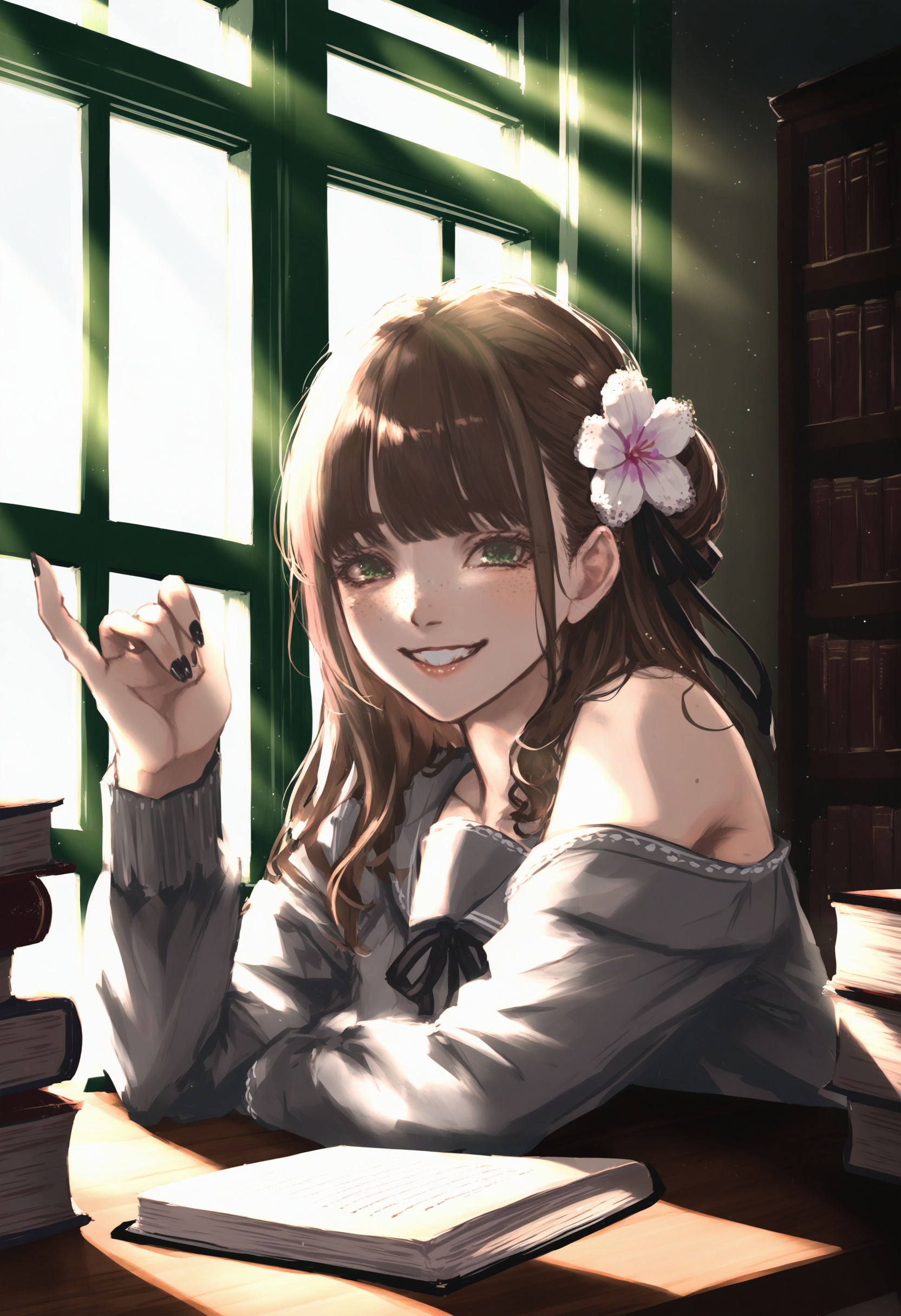 masterpiece, best quality <lora:sd_xl_dpo_lora_v1-128dim:1>,1girl, solo, flower, hair ornament, smile, bangs, long hair, looking at viewer, hair flower, green eyes, brown hair, portrait, ribbon, black nails, hand up, nail polish, freckles, blush, neck ribbon, fingernails, grin, black ribbon, teeth, bare shoulders ,solo, bookshelf, sitting, window, book, indoors, sunlight, school uniform, light particles, long sleeves, light rays, book stack, male focus, scenery, library ,  <lora:ABKSKXLlokr2f-000147:1>