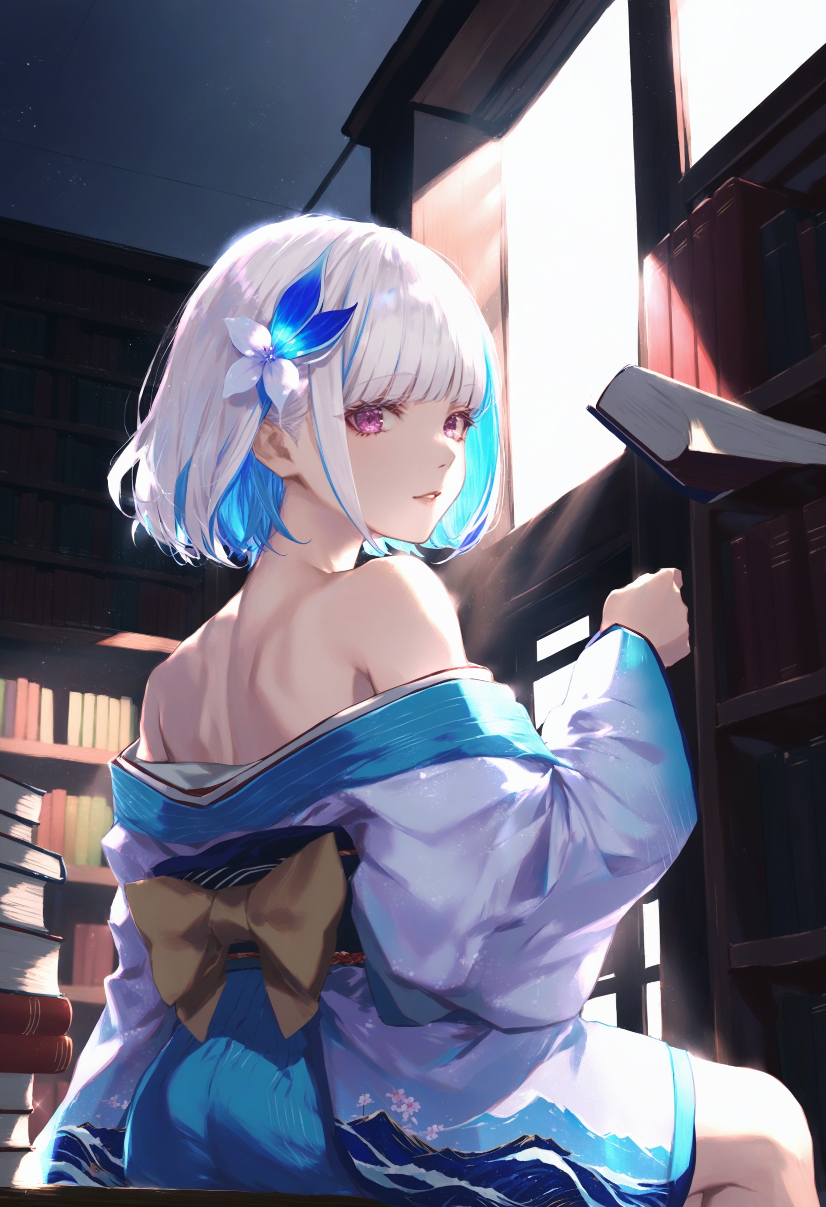masterpiece, best quality <lora:sd_xl_dpo_lora_v1-128dim:1>,1girl, lize helesta, virtual youtuber, solo, hair ornament, japanese clothes, looking back, kimono, flower, blue hair, multicolored hair, off shoulder, hair flower, looking at viewer, white hair, bare shoulders, white background, upper body, purple eyes, back, short hair, from behind, bangs, parted lips, simple background, two-tone hair, kimono pull ,solo, bookshelf, sitting, window, book, indoors, sunlight, school uniform, light particles, long sleeves, light rays, book stack, male focus, scenery, library ,  <lora:ABKSKXLlokr2f-000147:1>
