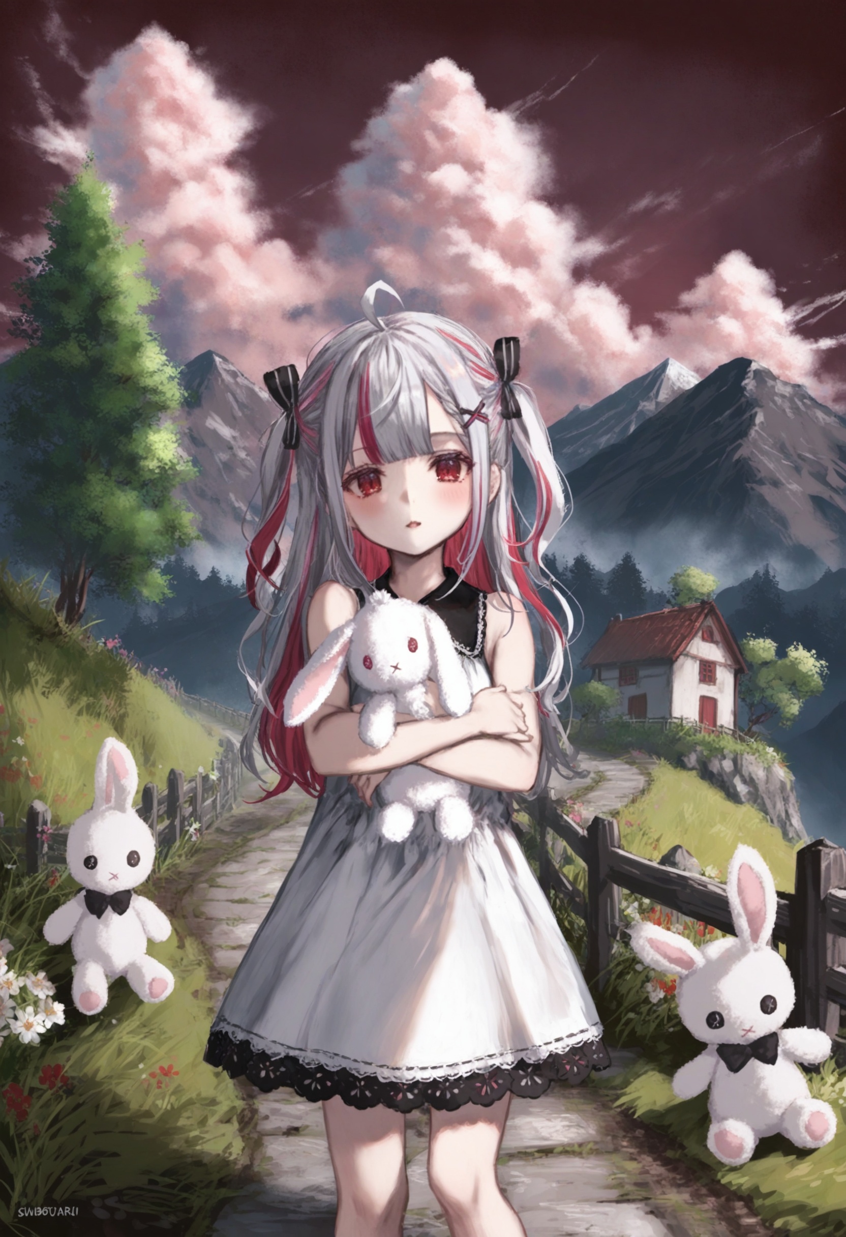 masterpiece, best quality <lora:sd_xl_dpo_lora_v1-128dim:1>,1girl, stuffed toy, stuffed bunny, stuffed animal, solo, long hair, hair ornament, white dress, dress , very long hair, red eyes, looking at viewer, red background , hair bobbles, multicolored hair, bangs, black bow, hair bow, ahoge, x hair ornament, bare shoulders, white hair, two side up, streaked hair, sleeveless, parted lips , blush, breasts, sleeveless dress, cowboy shot, virtual youtuber, simple background, two-tone hair, red hair, pink hair, :o, standing ,scenery, tree, outdoors, sky, cloud, day, grass, fence, flower, blue sky, mountain, path, building, house, fruit, nature, road, rock, artist name, food ,  <lora:ABKSKXLlokr2f-000147:1>