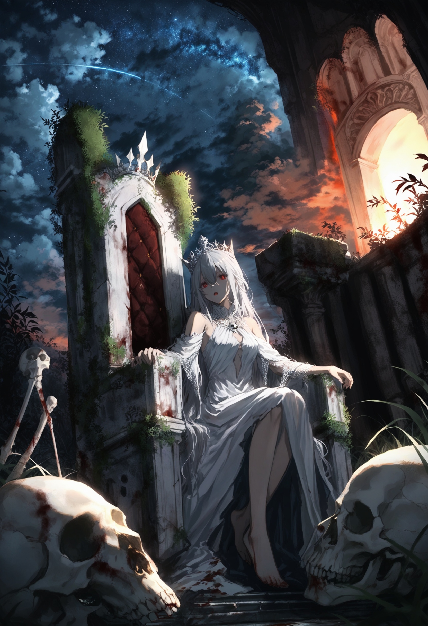 masterpiece, best quality <lora:sd_xl_dpo_lora_v1-128dim:1>,1girl, dress, white dress, red eyes, long hair, crown, white hair, barefoot, sitting , skull, food, throne, very long hair, blood , bone, open mouth, hair between eyes, solo, looking at viewer, fruit, bare shoulders ,sky, scenery, cloud, outdoors, star (sky), starry sky, ruins, tree, cloudy sky, night, overgrown, grass, night sky, sunset, plant ,  <lora:ABKSKXLlokr2f-000147:1>