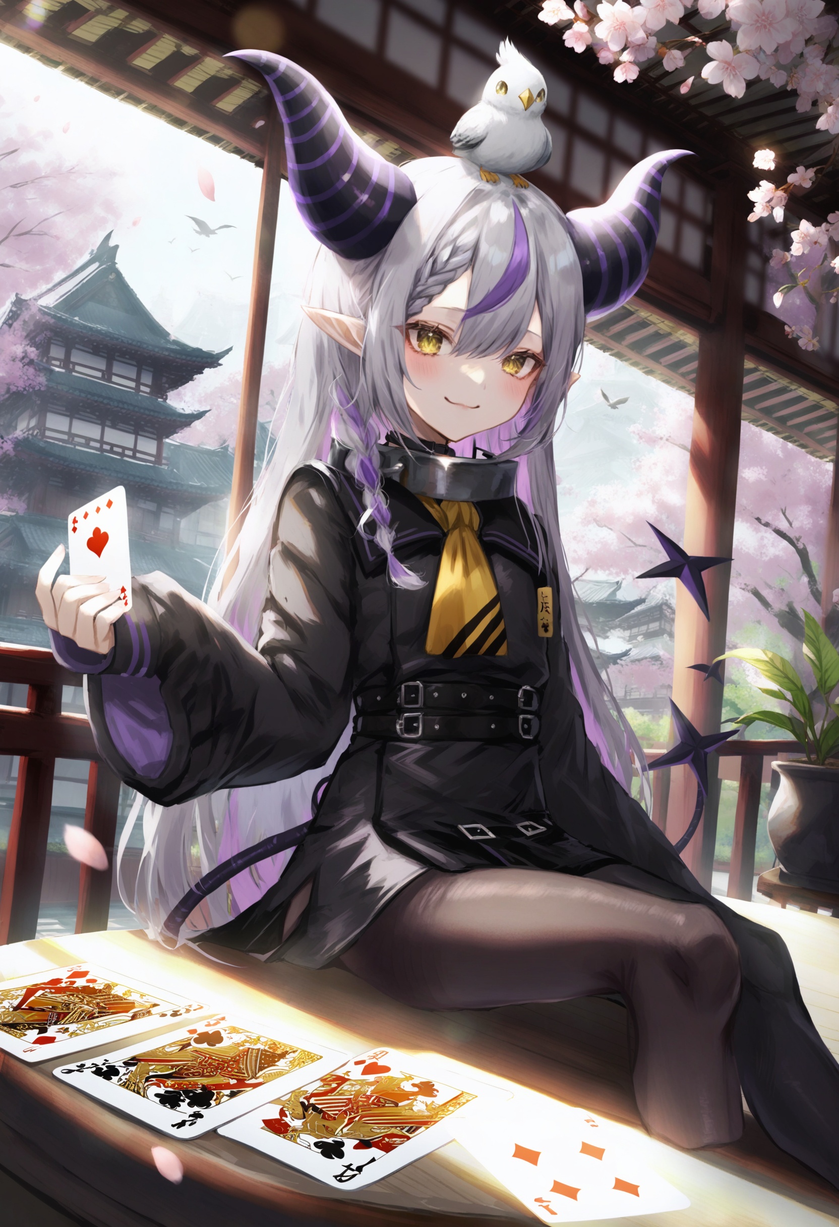 masterpiece, best quality <lora:sd_xl_dpo_lora_v1-128dim:1>,1girl, card, sleeves past fingers, sleeves past wrists, solo, la+ darknesss, horns, virtual youtuber, playing card, bird on head, multicolored hair, animal on head, long hair, on head, long sleeves, purple hair, looking at viewer, streaked hair, demon horns, yellow eyes, indoors, grey hair, striped horns, bangs , blush, pointy ears, hair between eyes, sitting, bird, very long hair, :3 , wariza, braid, table, metal collar, smile, closed mouth, collar, dress, black dress, yellow ascot, tail, plant, single leg pantyhose, diamond \(shape\), ascot ,scenery, petals, architecture, outdoors, cherry blossoms, east asian architecture, sky, tree, day, blurry, building, railing, sunlight, depth of field, bridge ,  <lora:ABKSKXLlokr2f-000147:1>