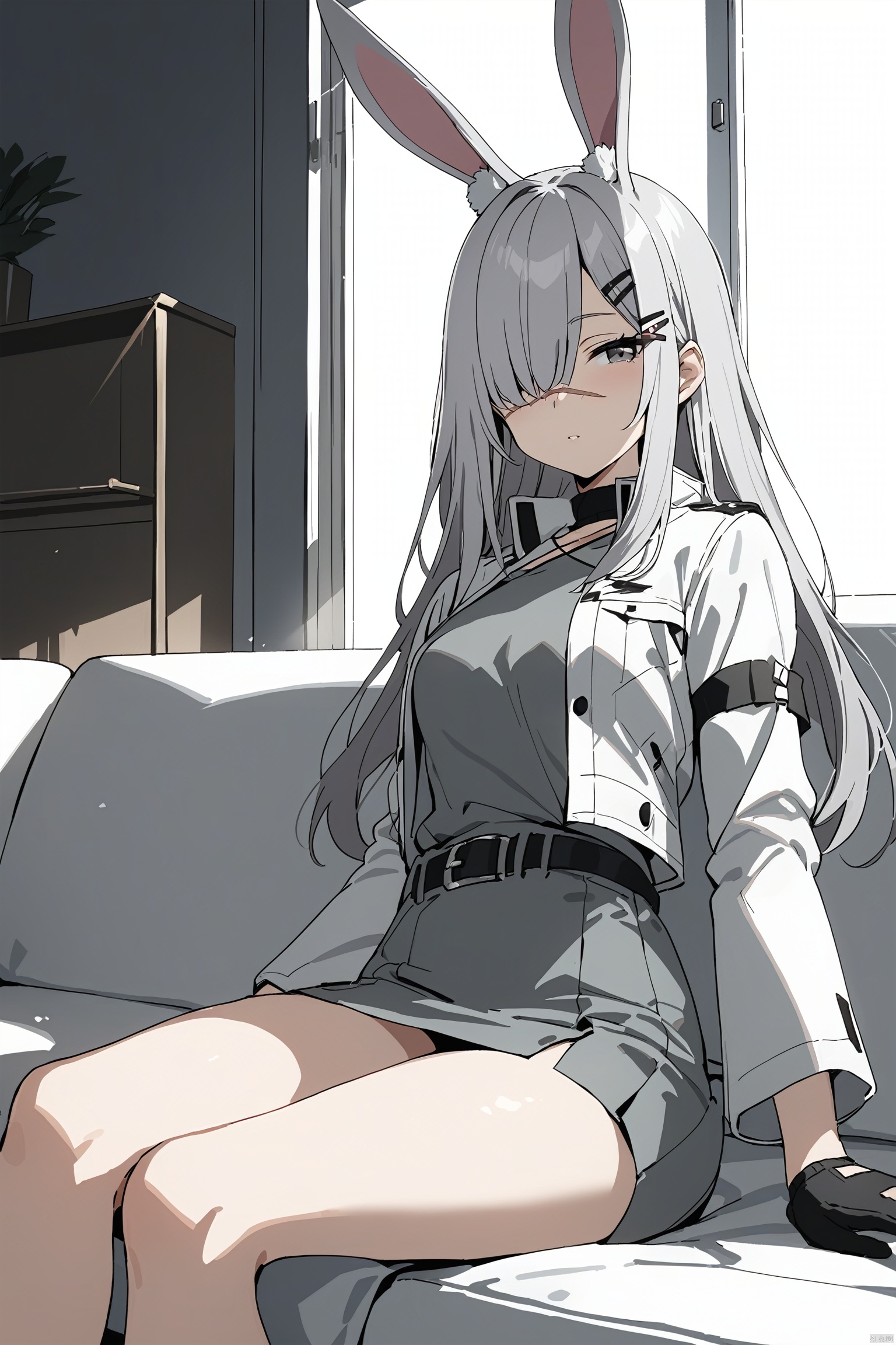  (masterpiece), (best quality), 1girl, rabbit ears,hair ornament,hair clip,grey hair, long hair,grey eyes, hair over one eye,scar on nose,white coat,open clothes,grey dress,belt,black gloves,arm band,long sleeves,medium_breasts,sitting,indoors,sofa,windos,sunlight, frostnova