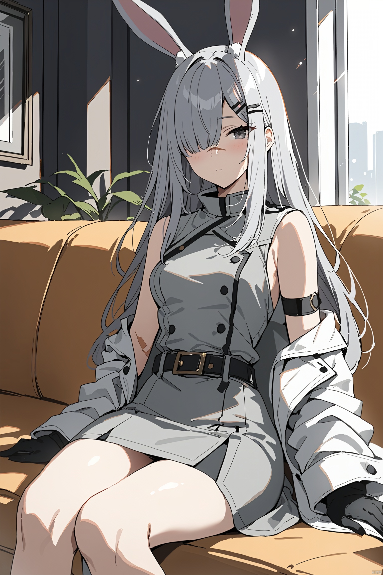  (masterpiece), (best quality), 1girl, rabbit ears,hair ornament,hair clip,grey hair, long hair,grey eyes, hair over one eye,scar on nose,white coat,open clothes,grey dress,belt,black gloves,arm band,long sleeves,medium_breasts,sitting,indoors,sofa,windos,sunlight, frostnova