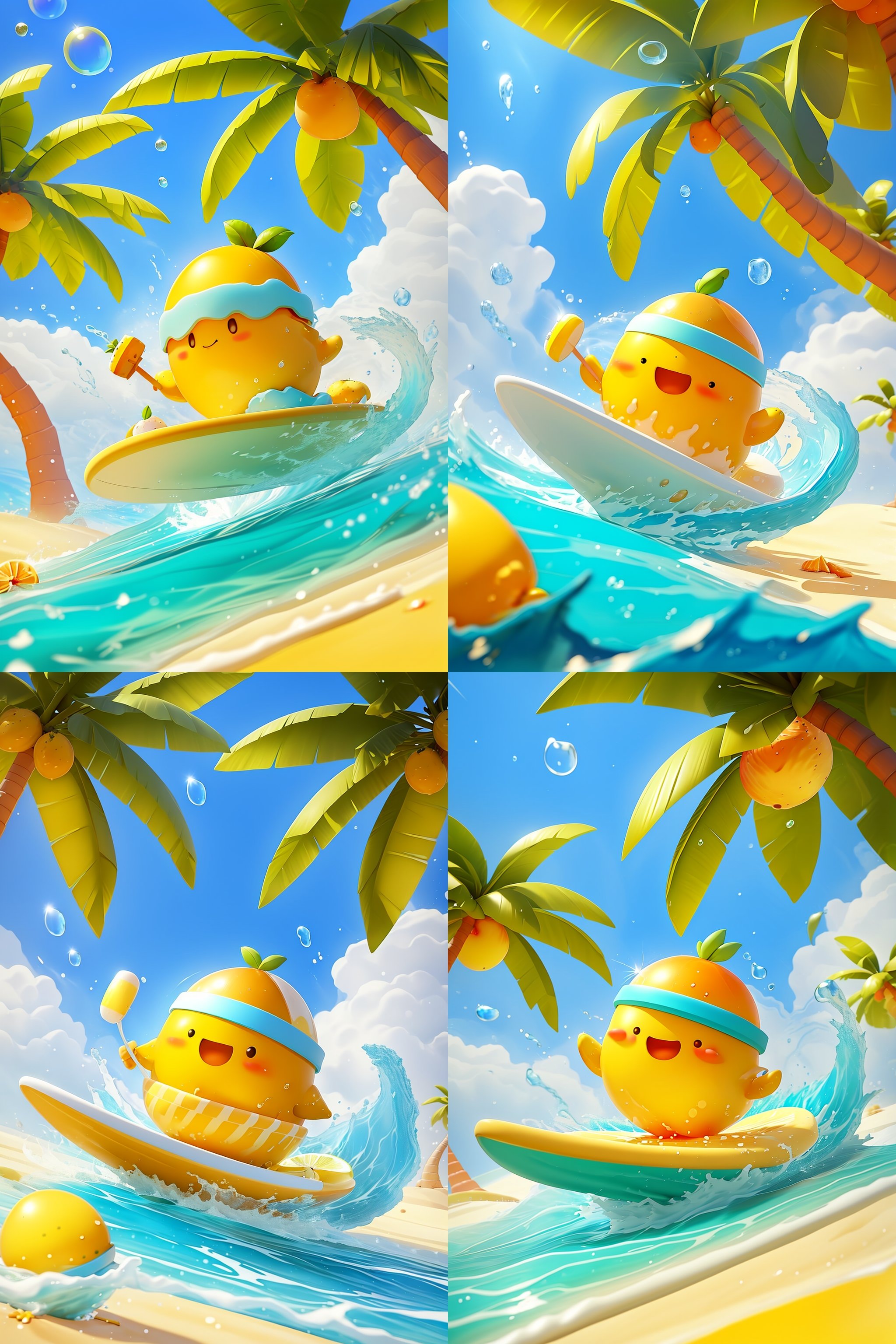 Coconut tree,beach,blue sky,blurry,bubble,cloud,cup,day,depth of field,drinking glass,food,fruit,horizon,leaf,lemon,ocean,orange \(fruit\),outdoors,palm tree,plant,sand,sky,water,water drop<lora:冲浪芒果:0.75>,
