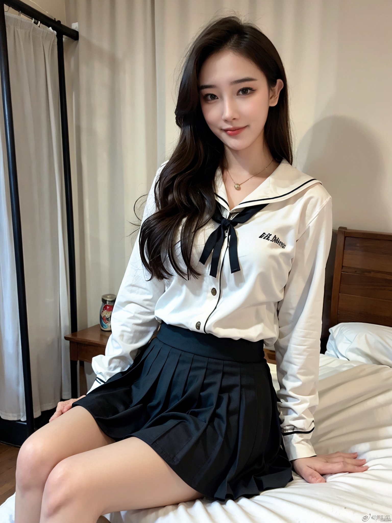 Enhanced, masterpiece, 16K, JK, 1 girl, long hair, school uniform, skirt, sitting on bed,:)