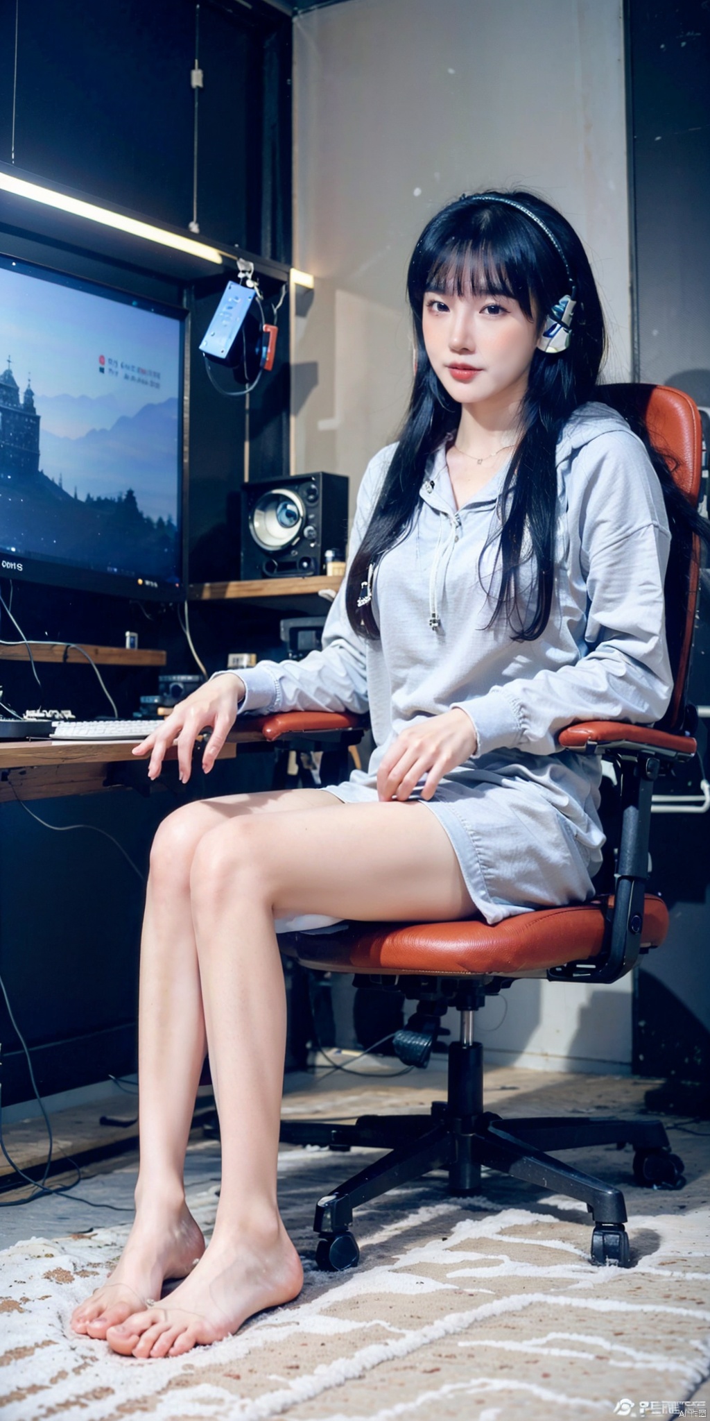  The background is the e-sports room, an e-sports girl, wearing a silver gray hoodie, white hot pants, wearing white headphones, there is an e-sports chair behind, sitting on the e-sports chair, there is a computer in front of it, fantasy, magic, animation, girls, monitors, headphones, game chair, ((gradually changing hair)), mouse, keyboard, host, game mat, white thighs, hair color is red, Flexible hands, delicate and beautiful hands, tapping the keyboard, bare feet, face, picturesque, whole body, the center of the picture, facing the audience, (bare feet, delicate bare feet, white feet), ((poakl)), Light master, Rita, 1girl